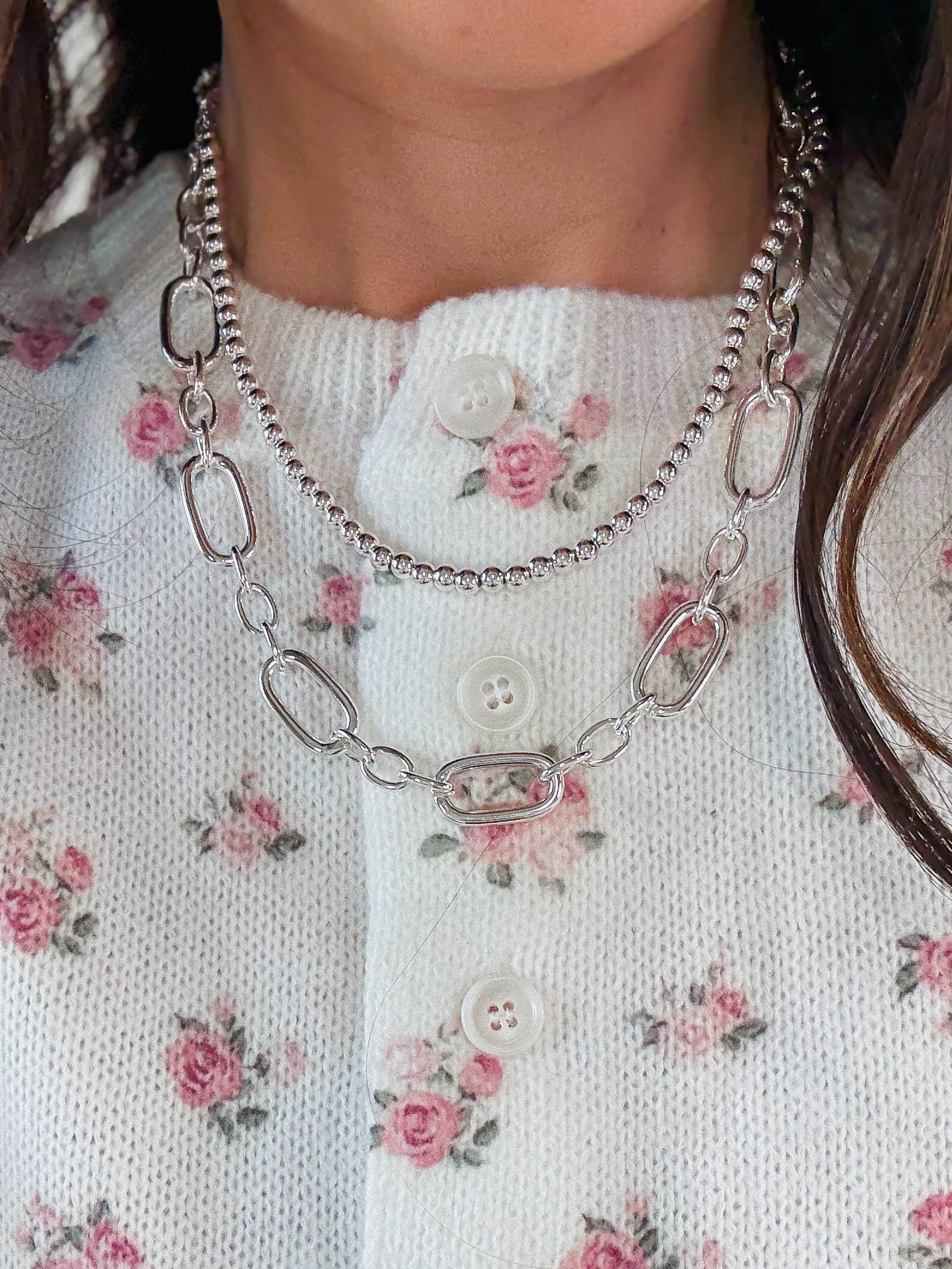 2 Layer Silver Oval & Beaded Chain Mutliway Necklace - Image 3