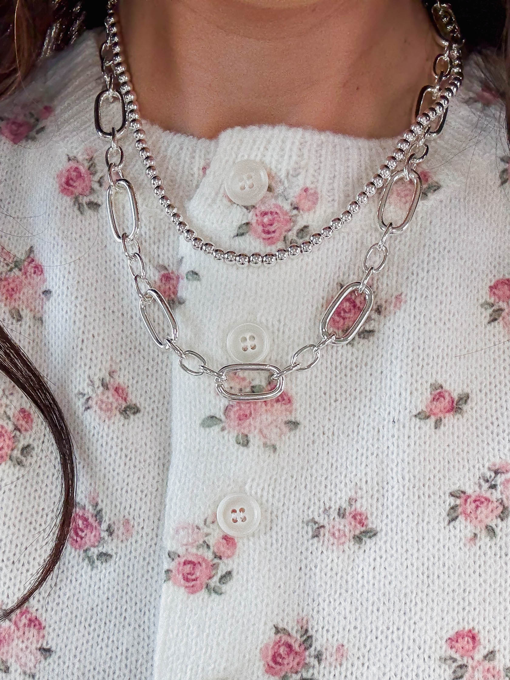 2 Layer Silver Oval & Beaded Chain Mutliway Necklace - Image 4