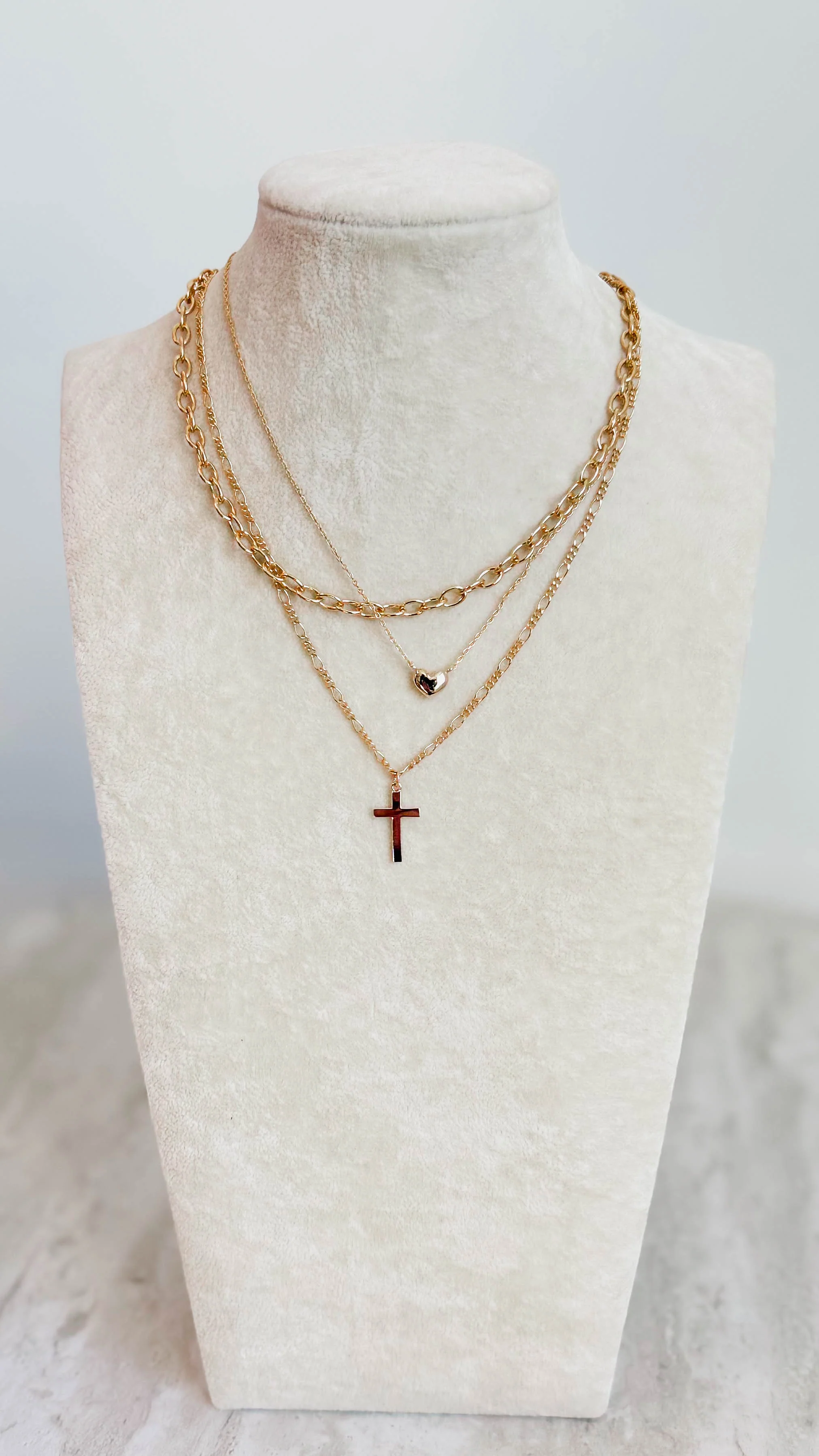 3 Layer Gold Heart & Cross Necklace - Image 2