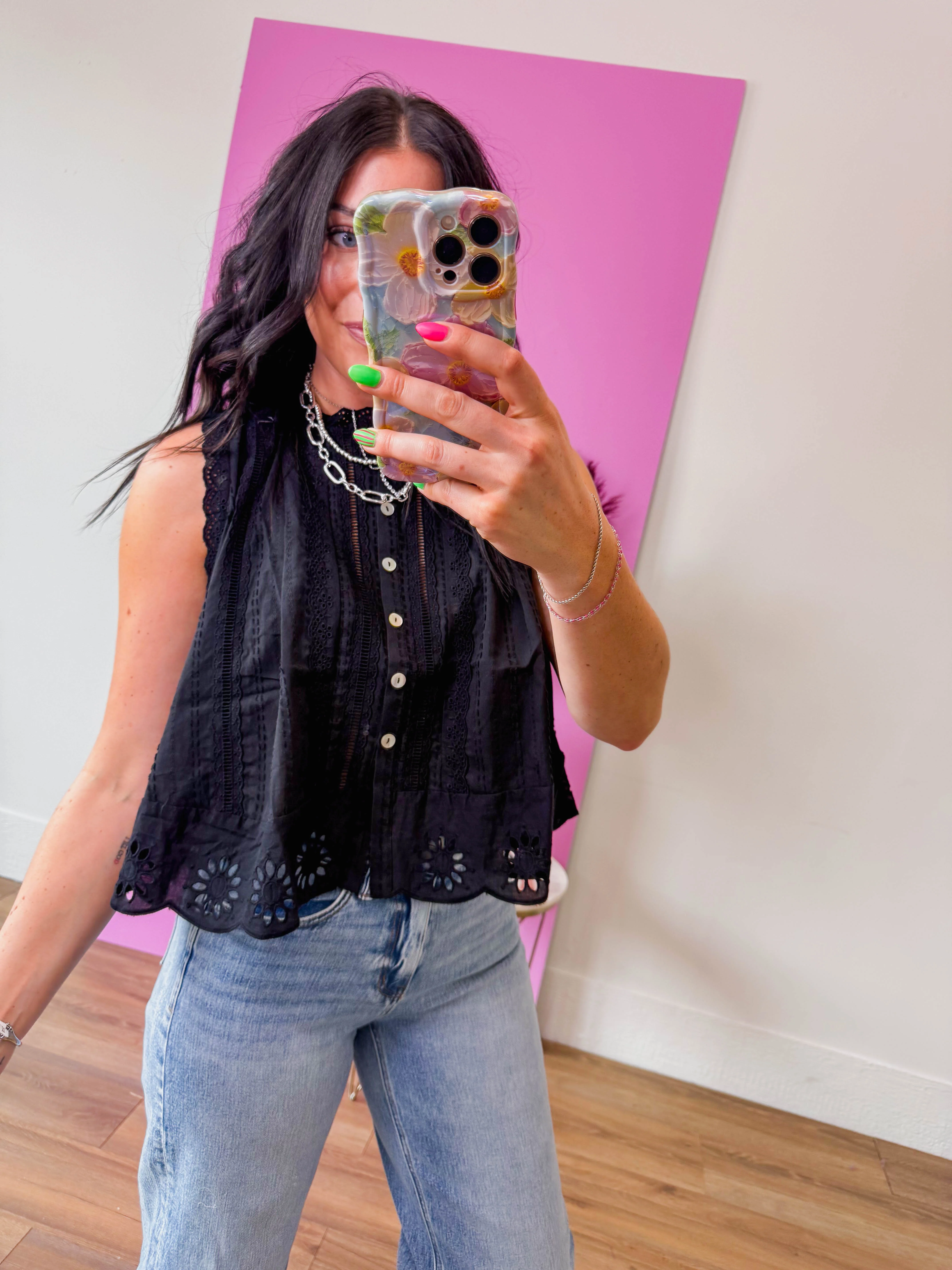 Adva Eyelet Button Down Top-Black - Image 3