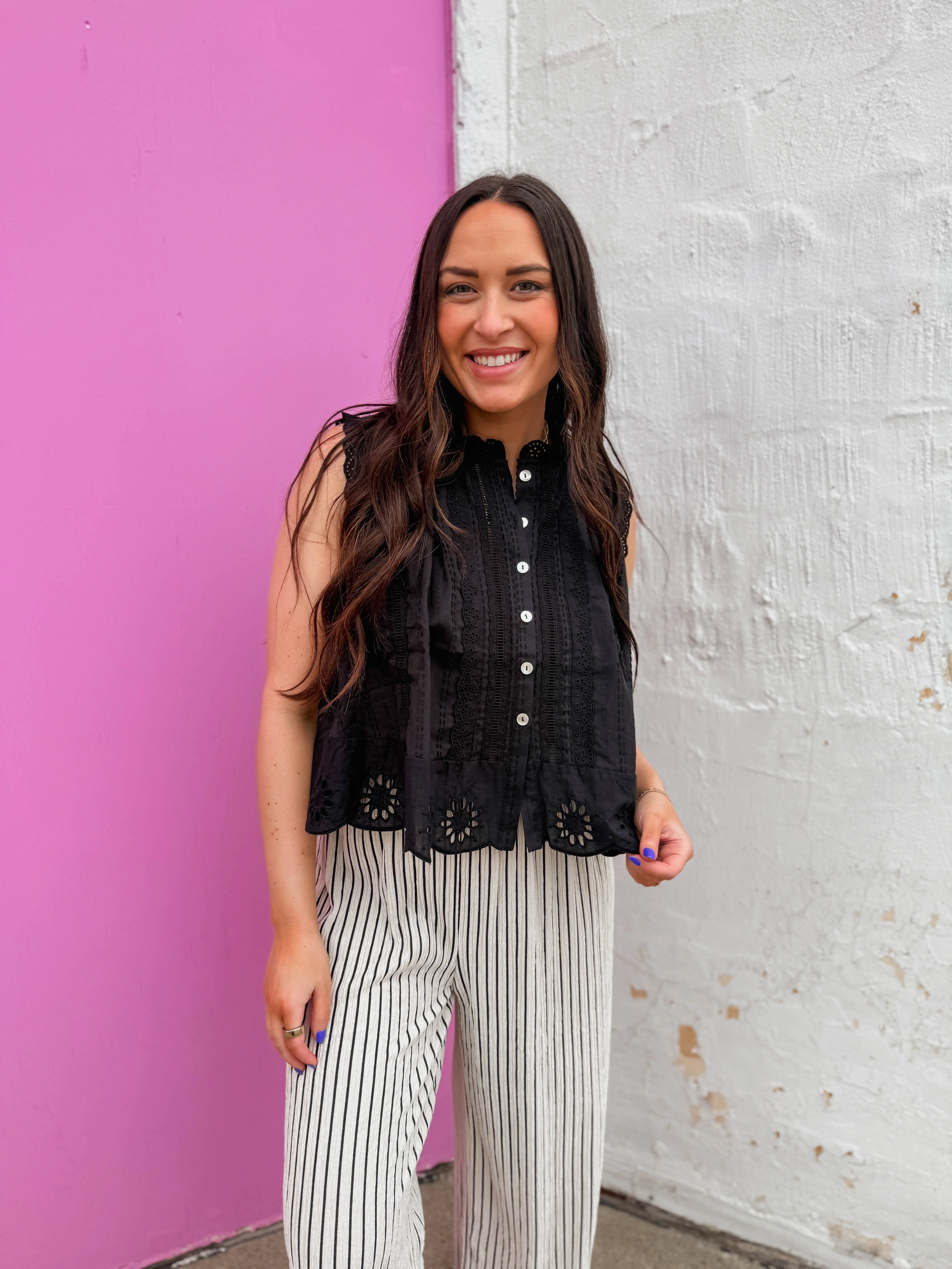 Adva Eyelet Button Down Top-Black - Image 4