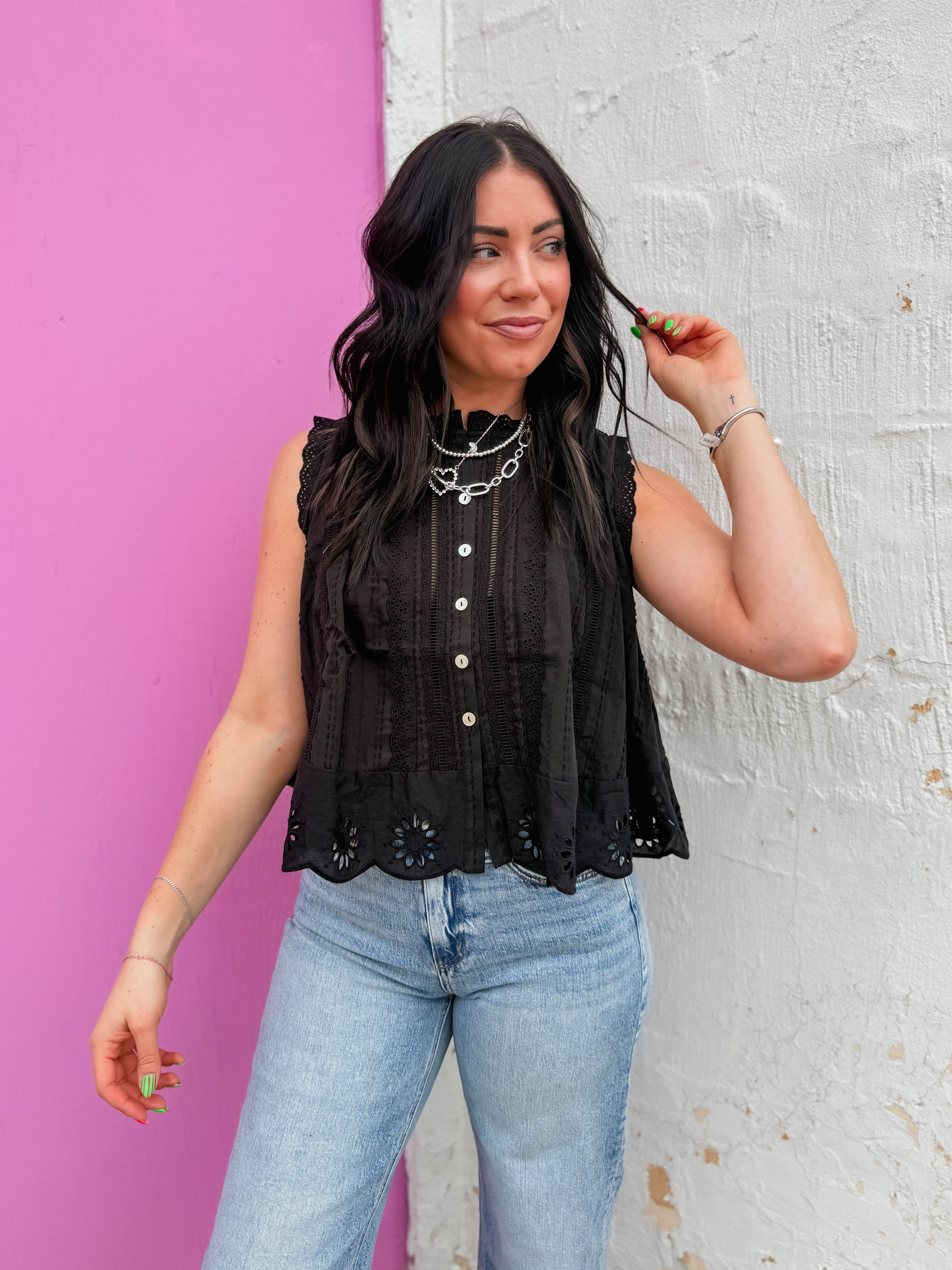 Adva Eyelet Button Down Top-Black - Image 5