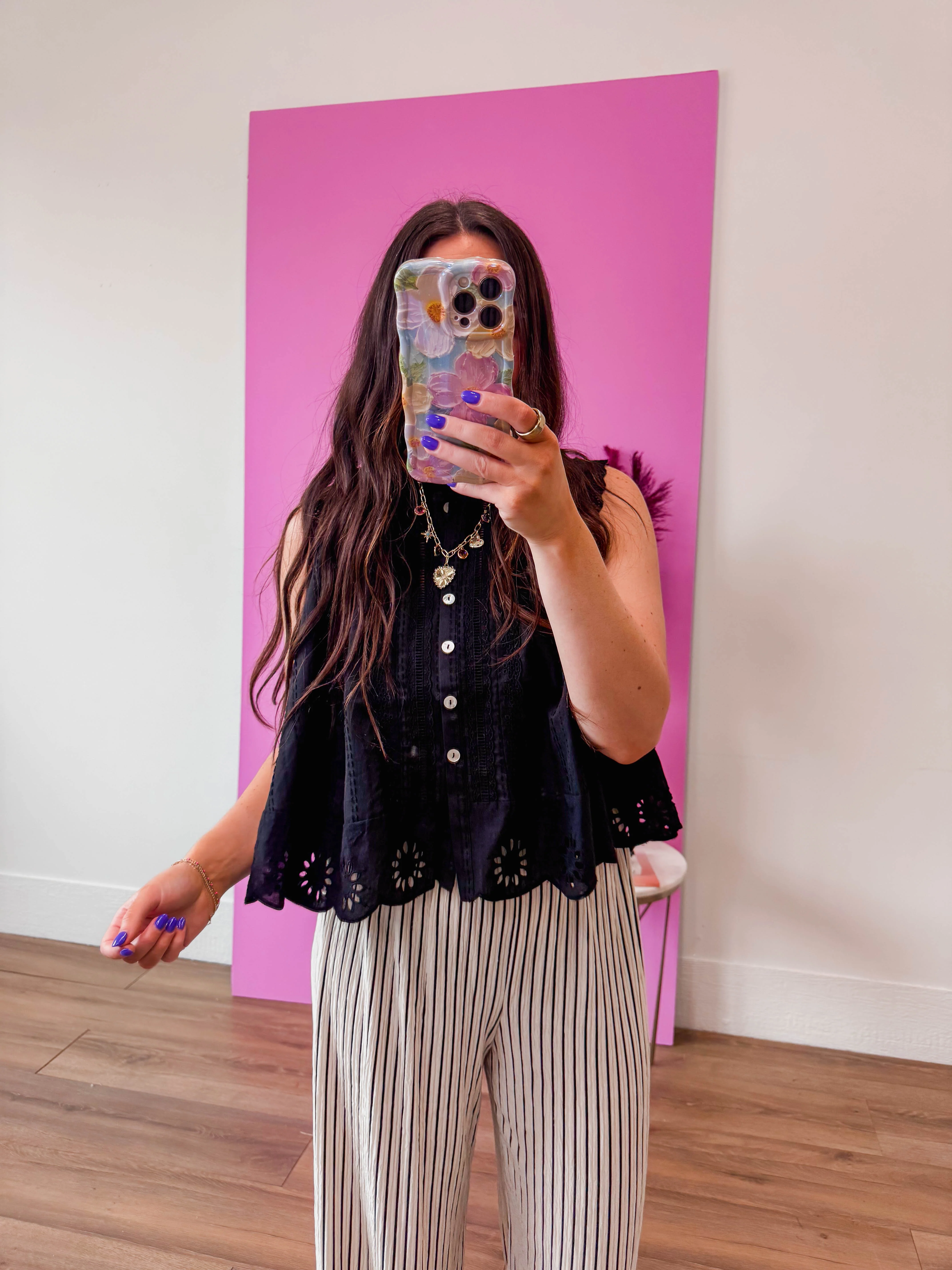 Adva Eyelet Button Down Top-Black - Image 6