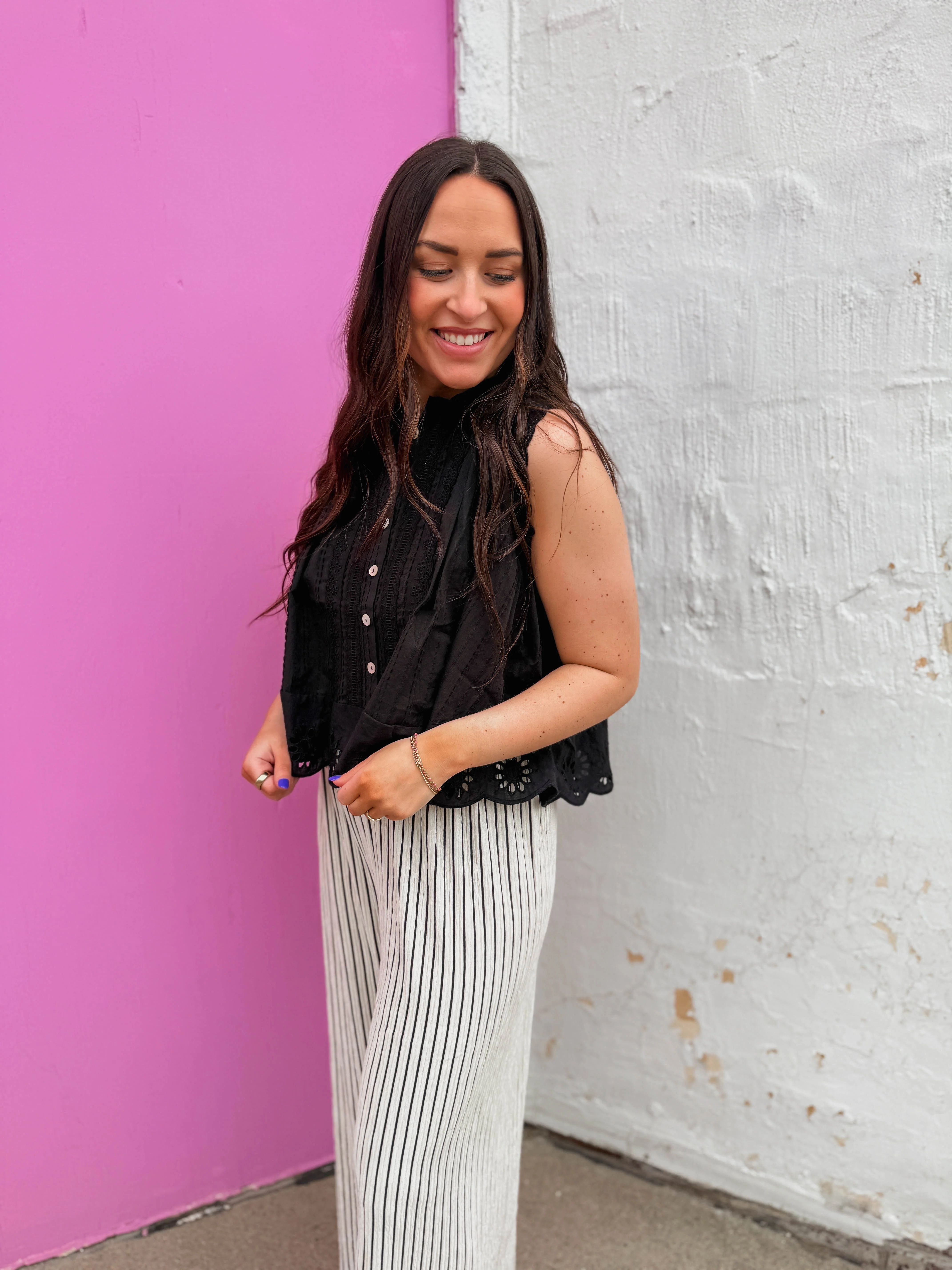 Adva Eyelet Button Down Top-Black - Image 7