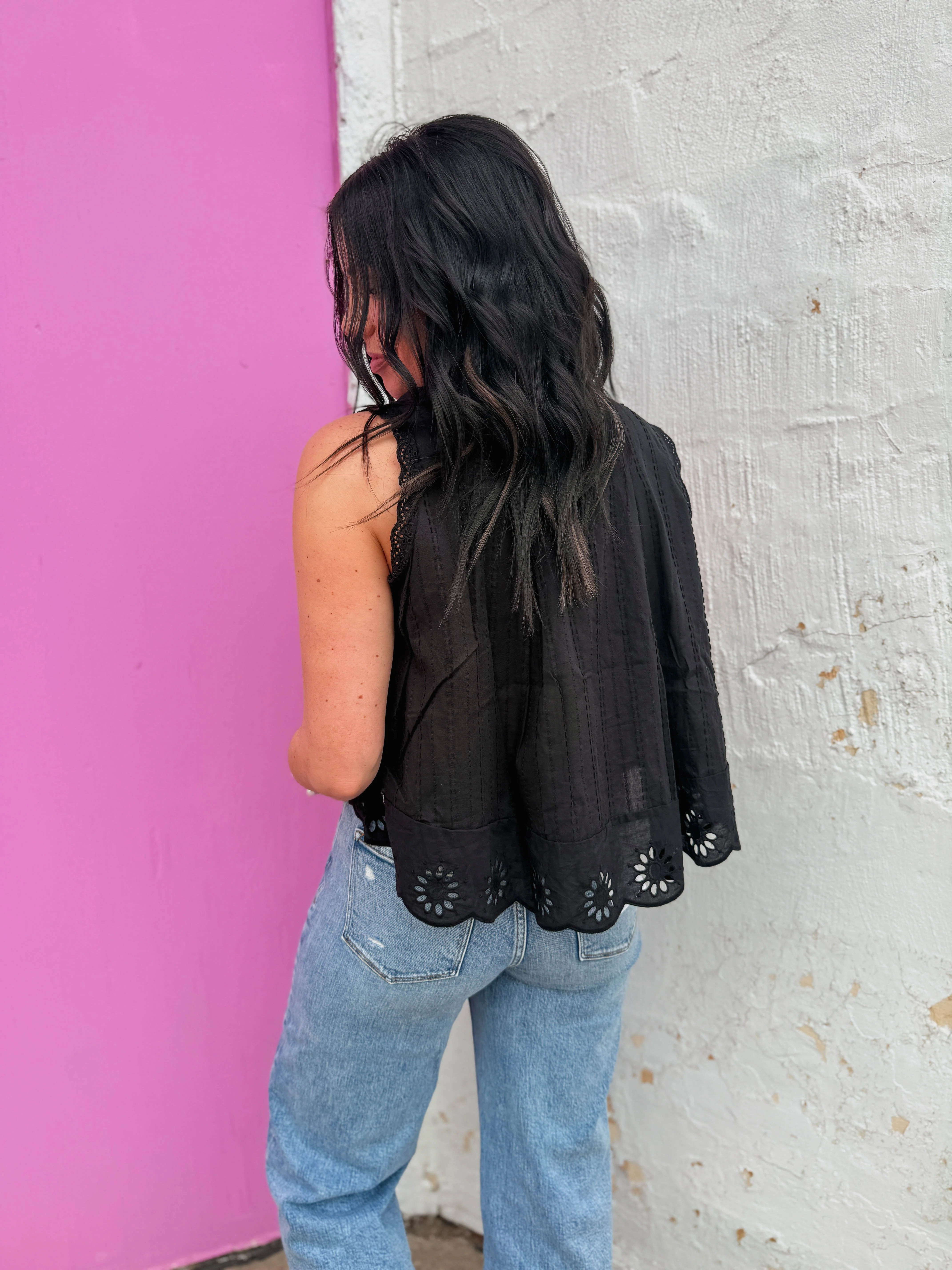 Adva Eyelet Button Down Top-Black - Image 8