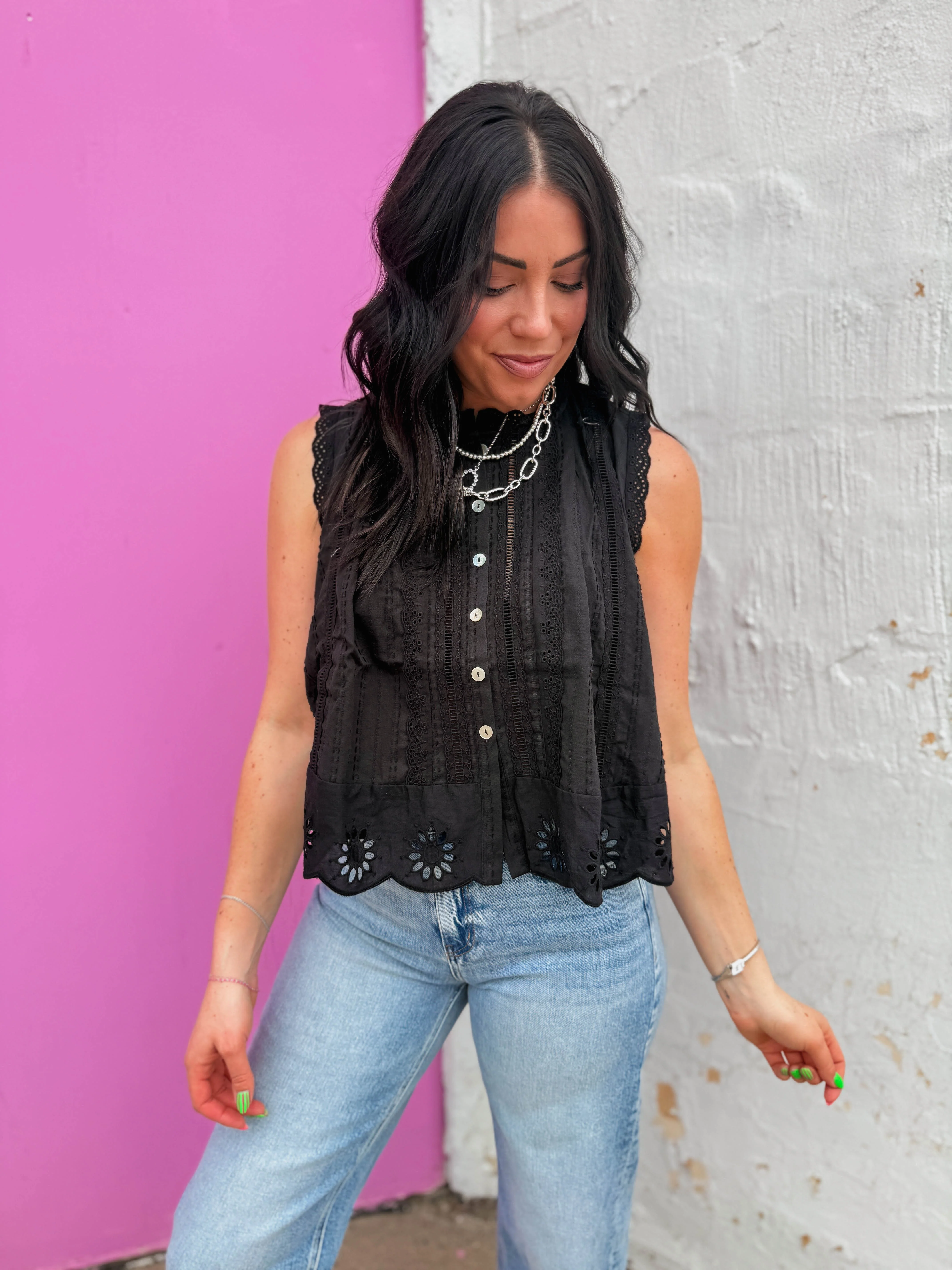 Adva Eyelet Button Down Top-Black - Image 9