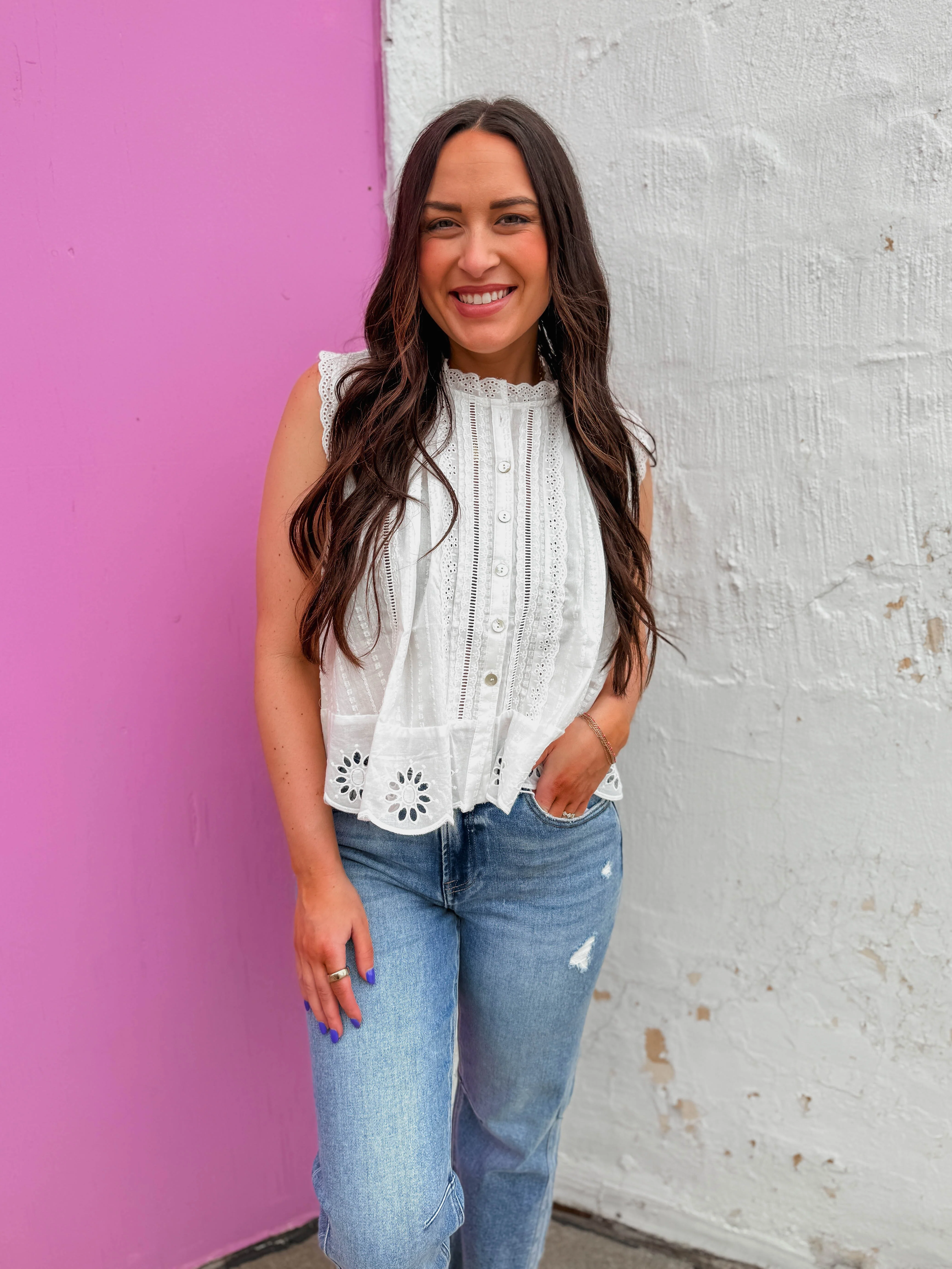 Adva Eyelet Button Down Top-Off White - Image 5