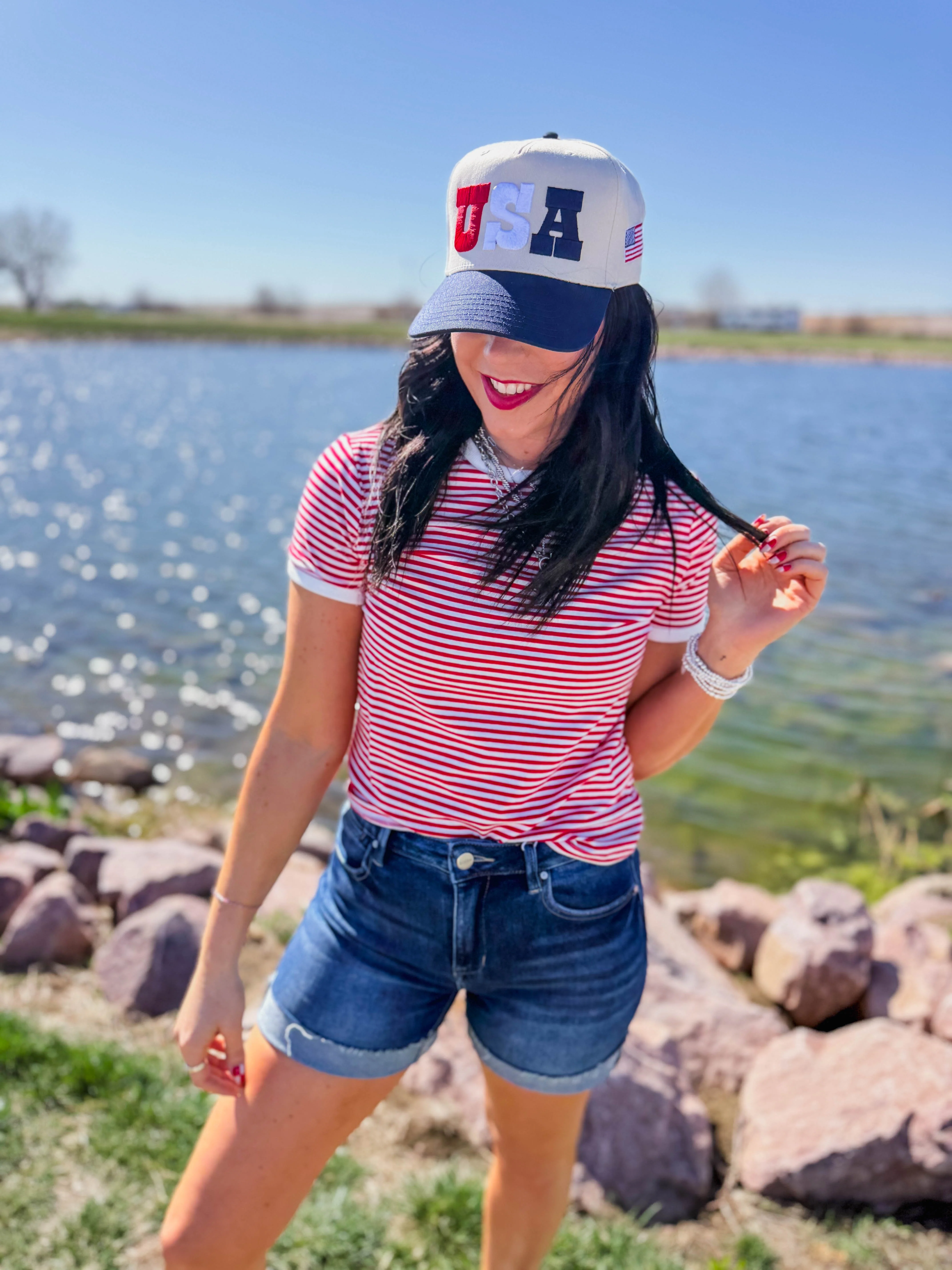 All Day Striped Tee-Ruby