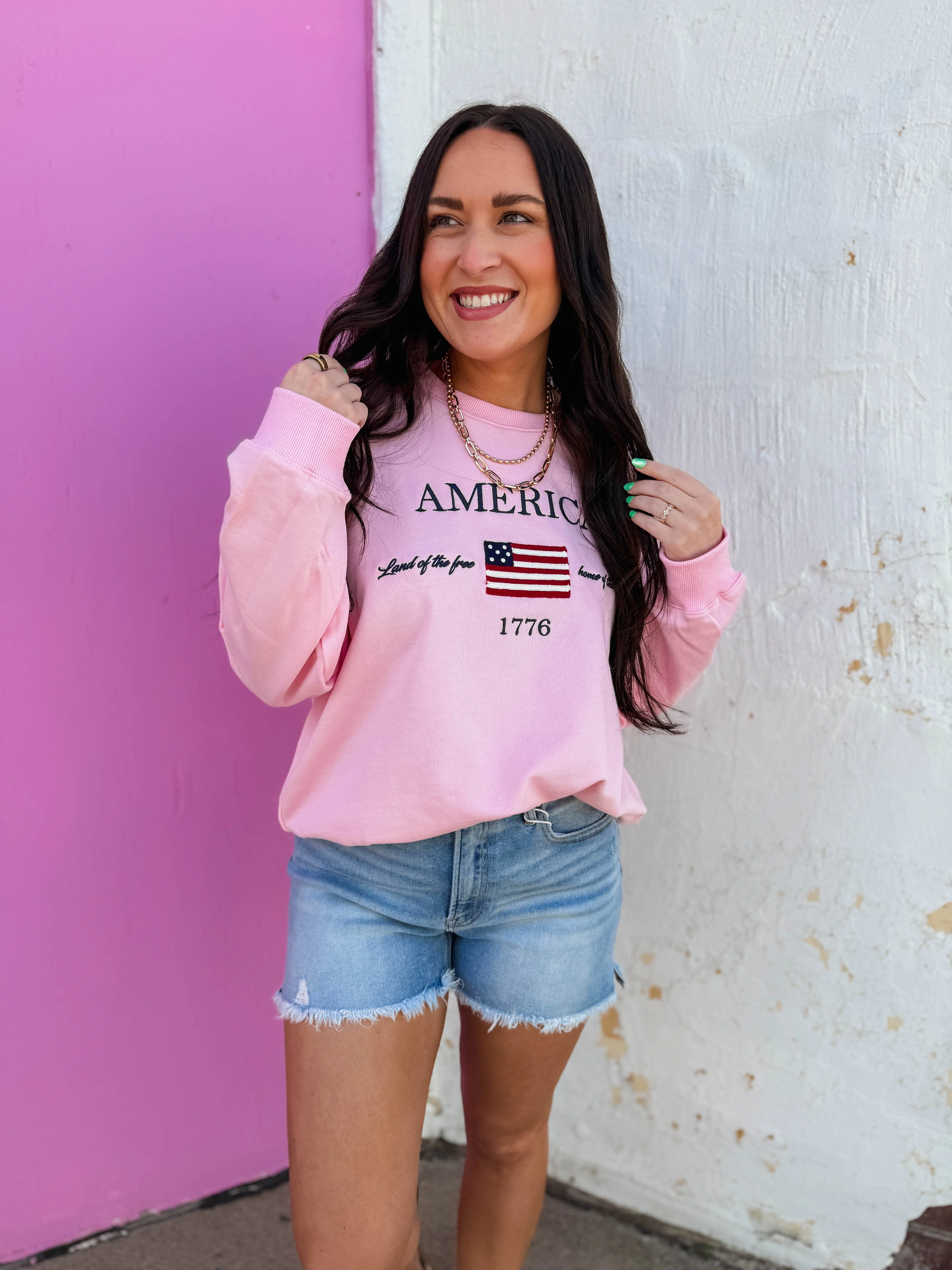 America Embroidered Crewneck-Pink - Image 4