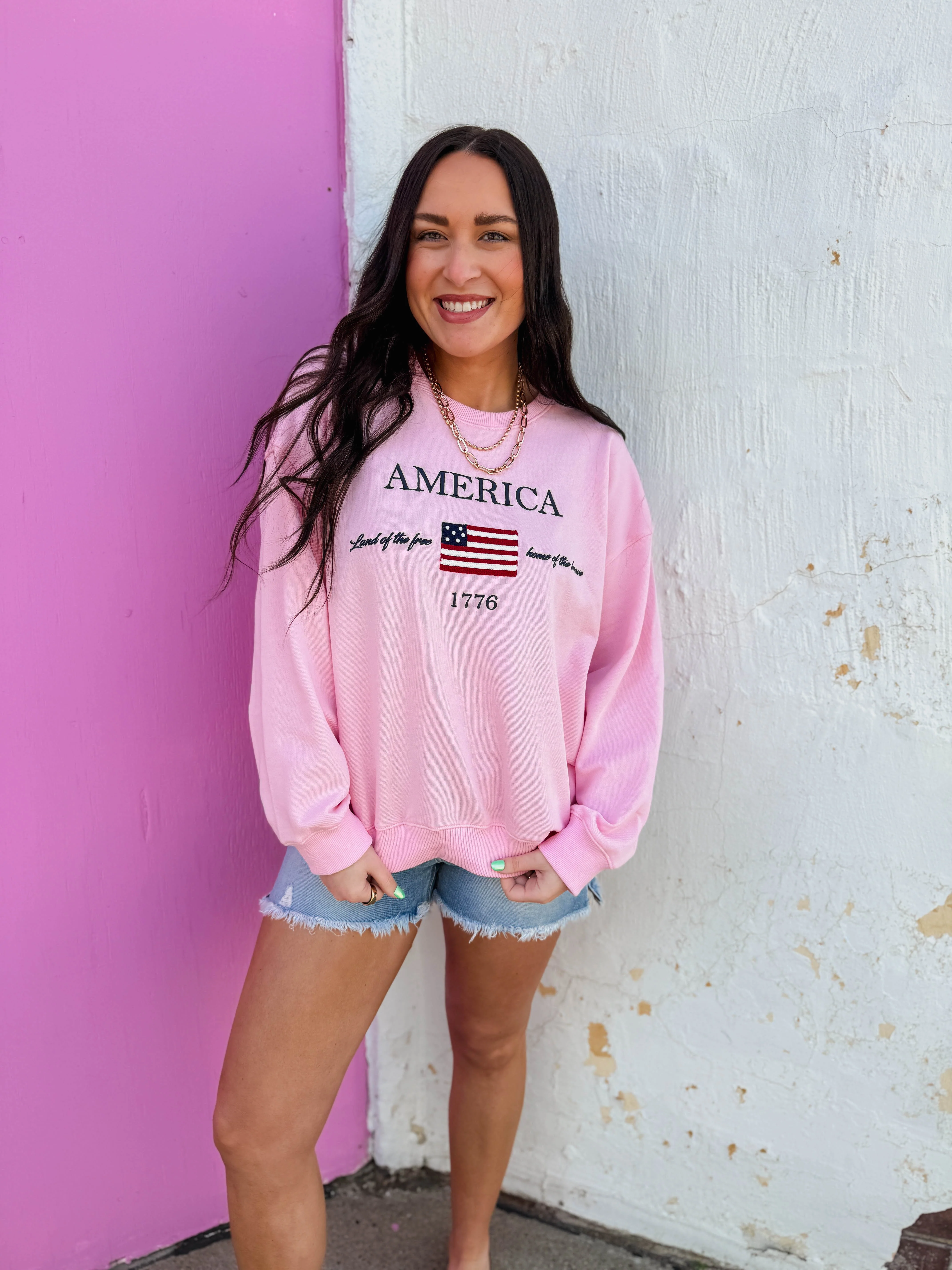 America Embroidered Crewneck-Pink - Image 6