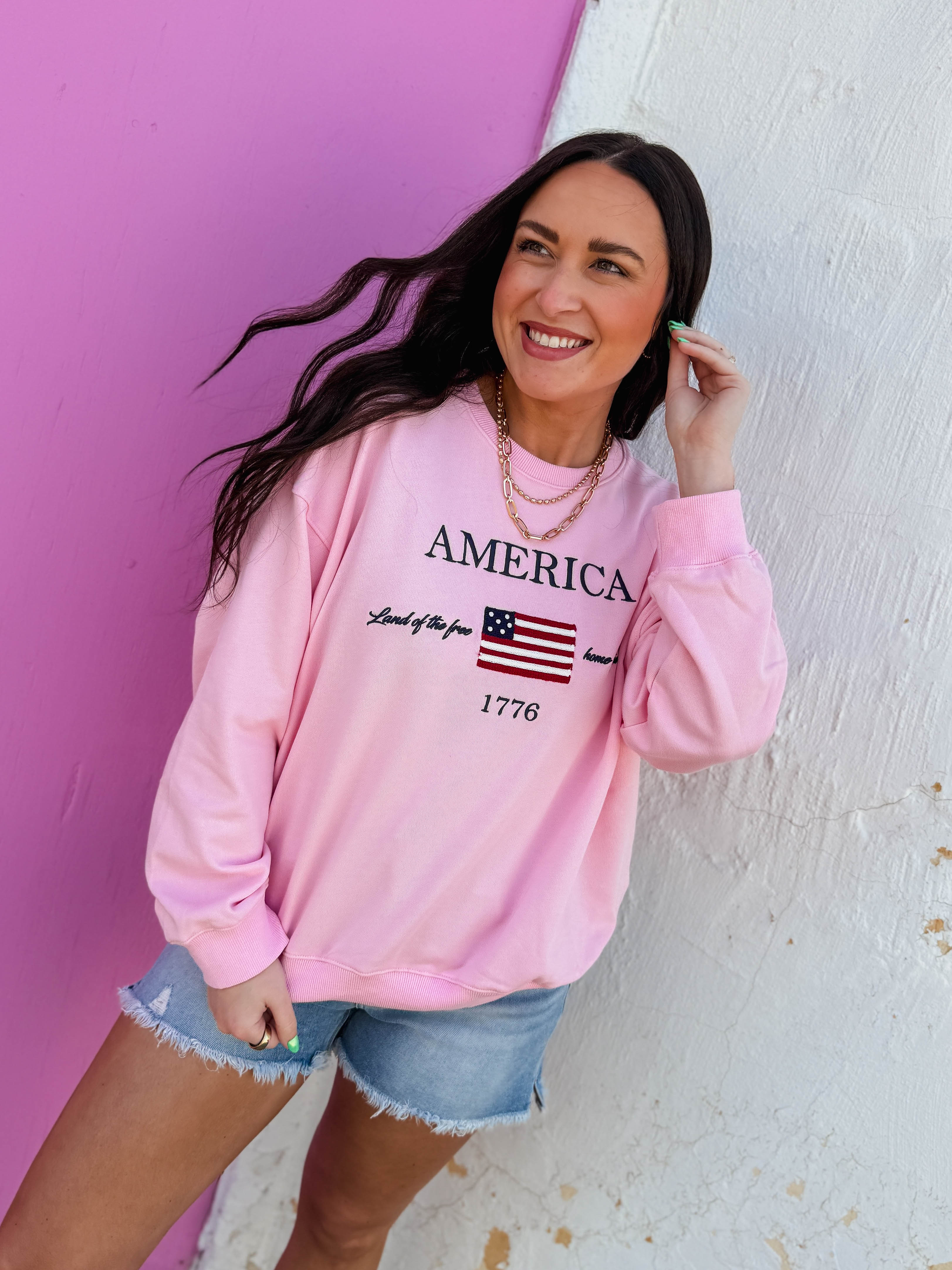 America Embroidered Crewneck-Pink - Image 7