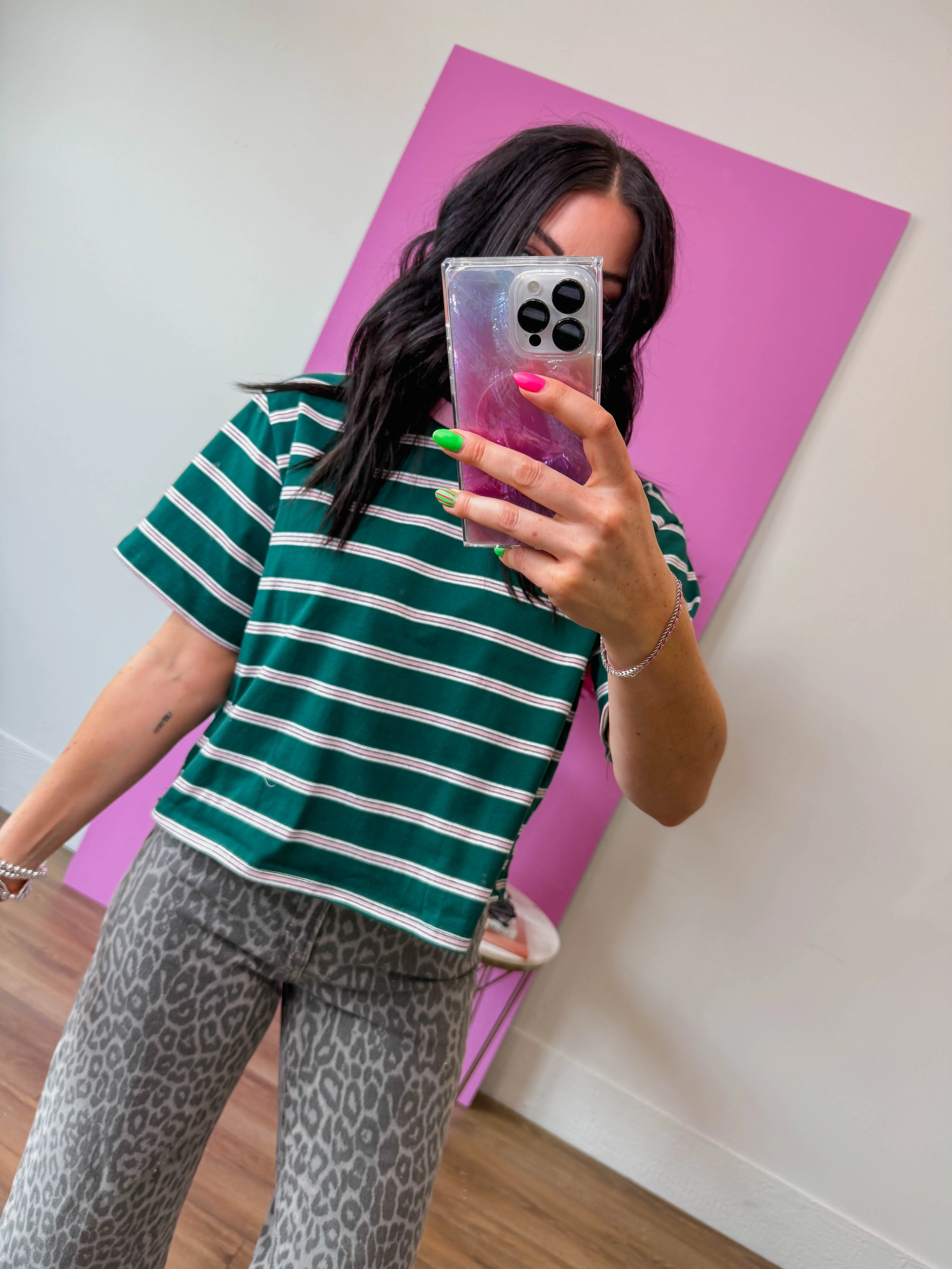 Andie Striped Tee-Green/Pink - Image 4