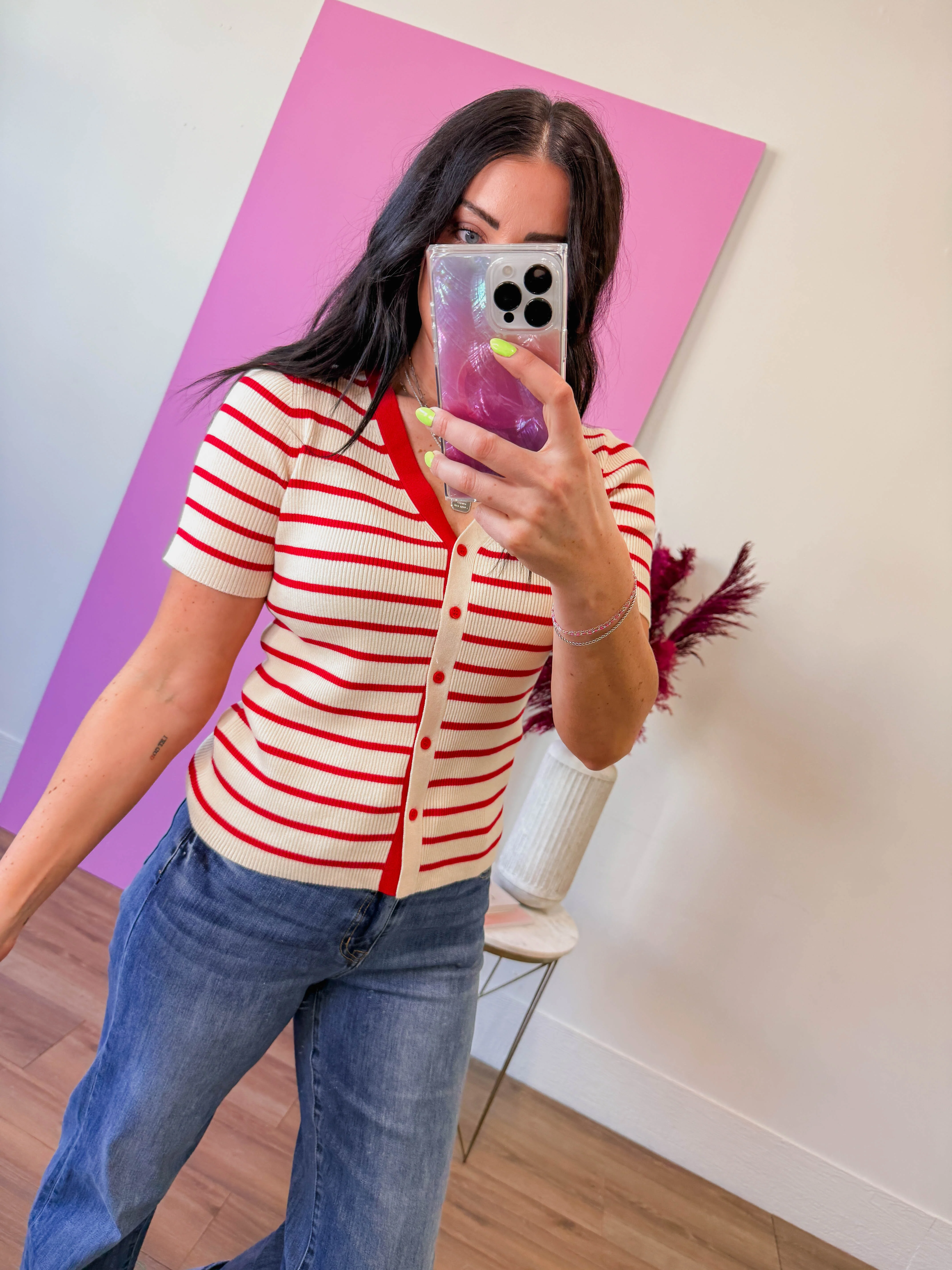 Andrea Striped Knit Top-Red - Image 3