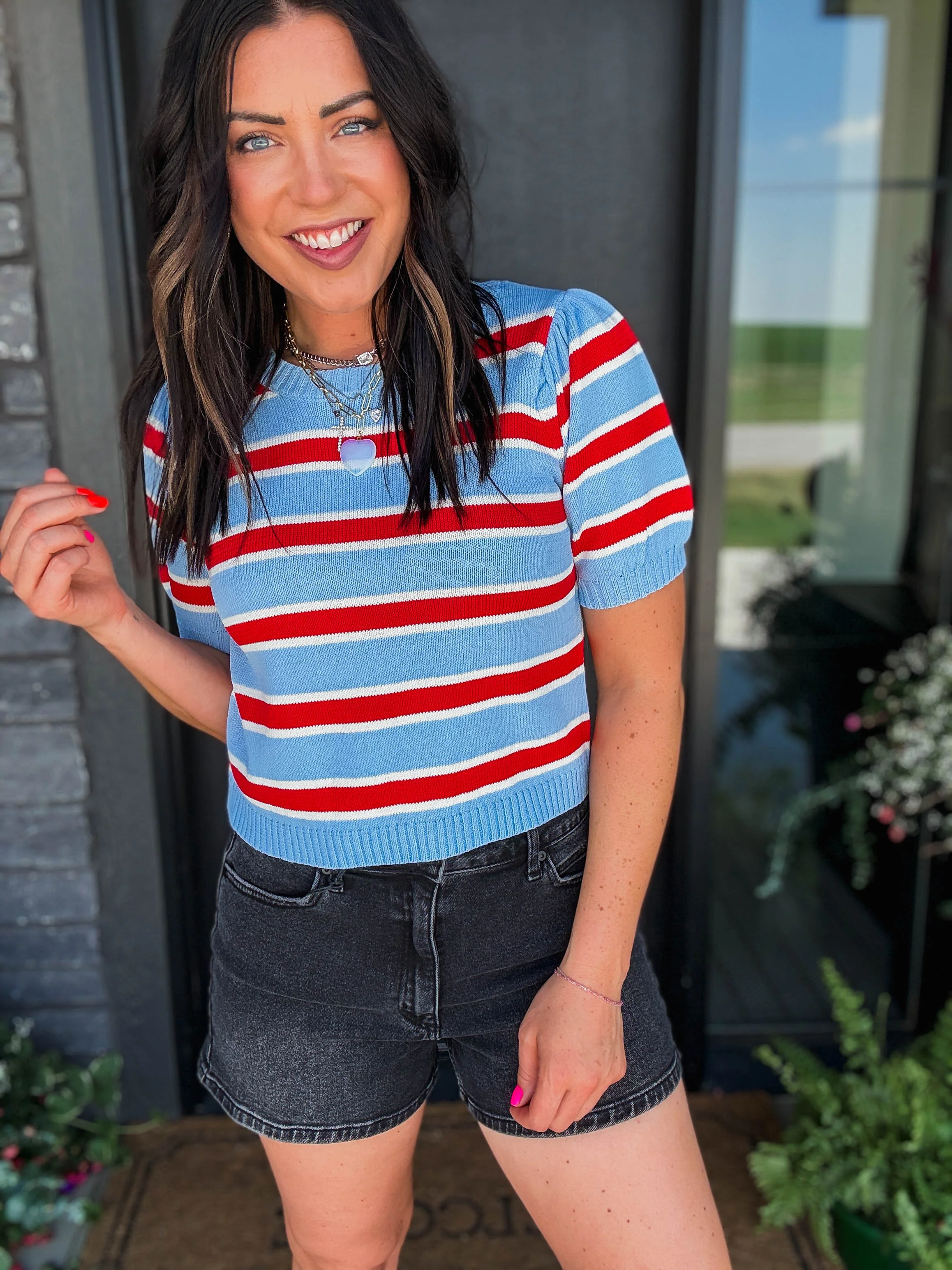 Avery Striped Knit Top-Blue/Red - Image 7
