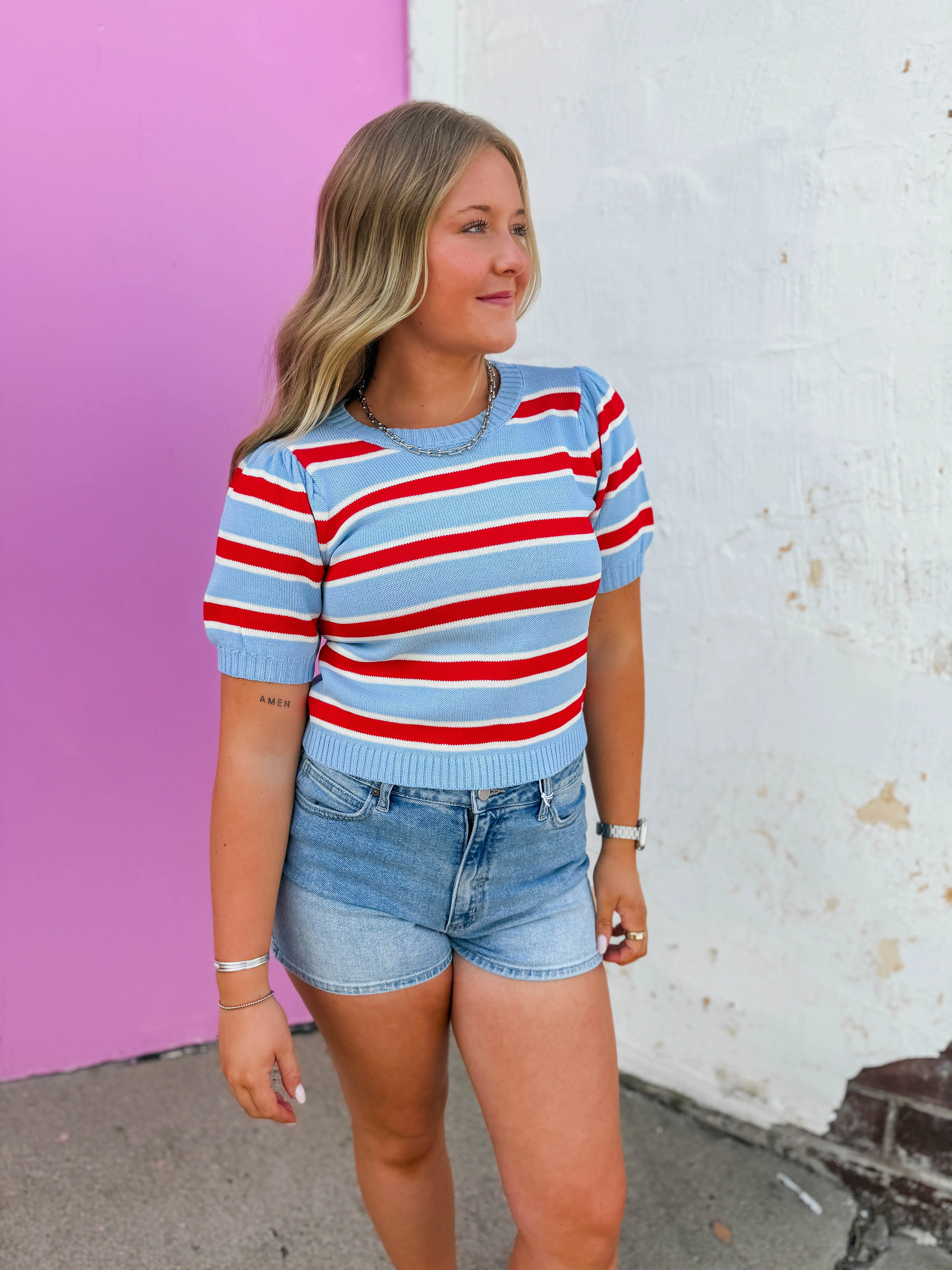 Avery Striped Knit Top-Blue/Red - Image 8