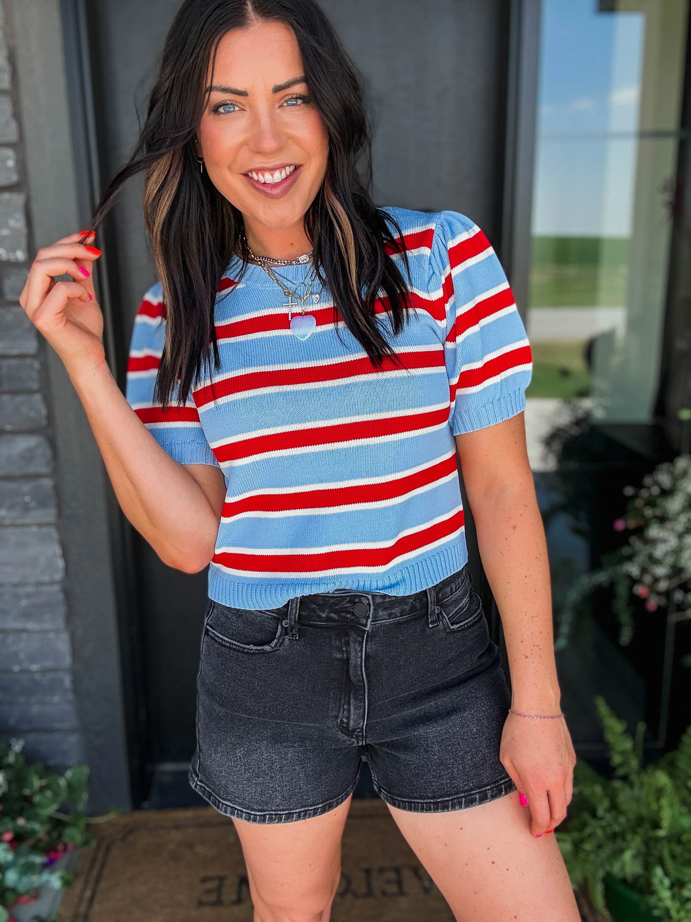 Avery Striped Knit Top-Blue/Red - Image 9