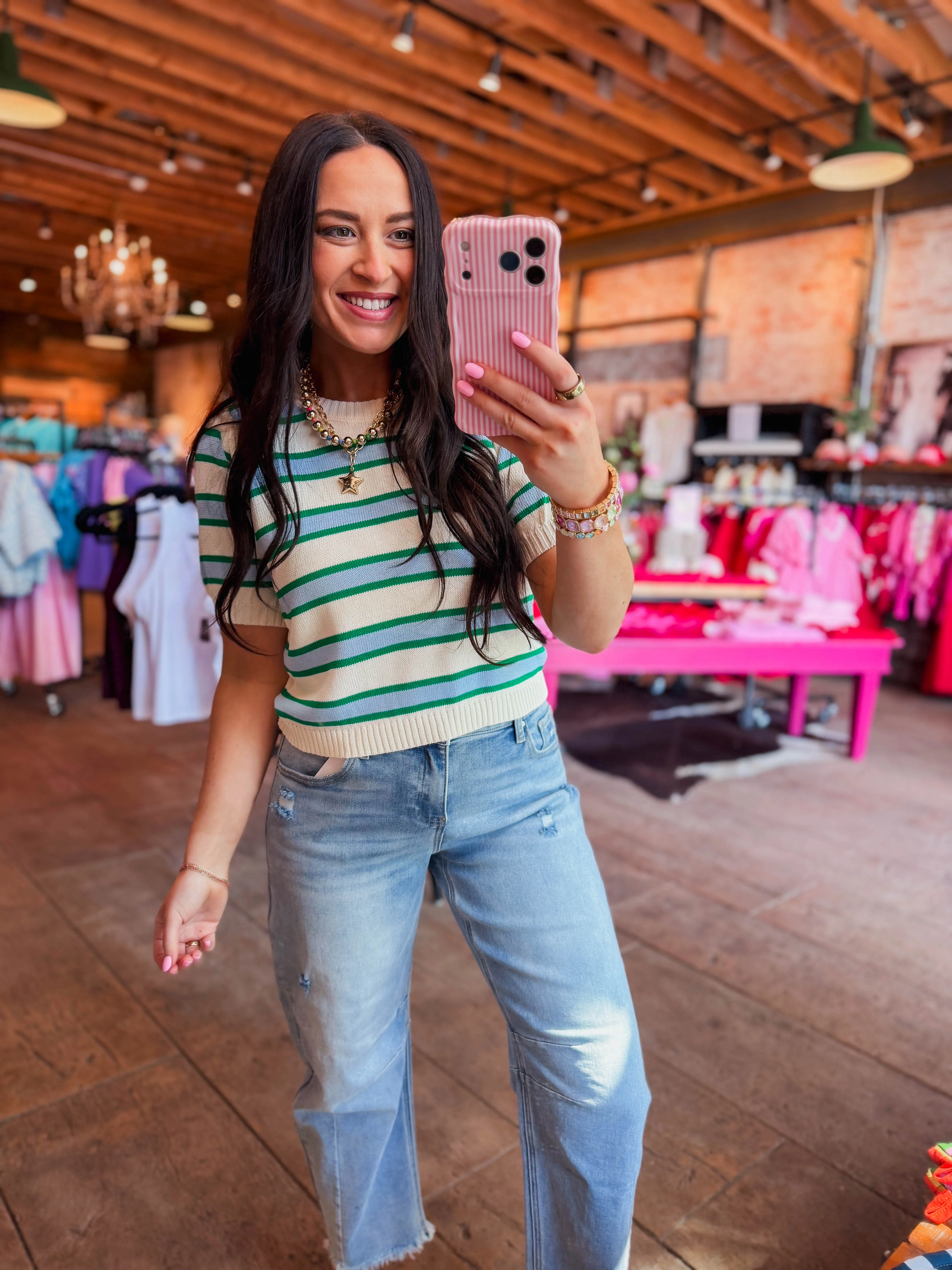 Avery Striped Knit Top-Cream/Green - Image 5