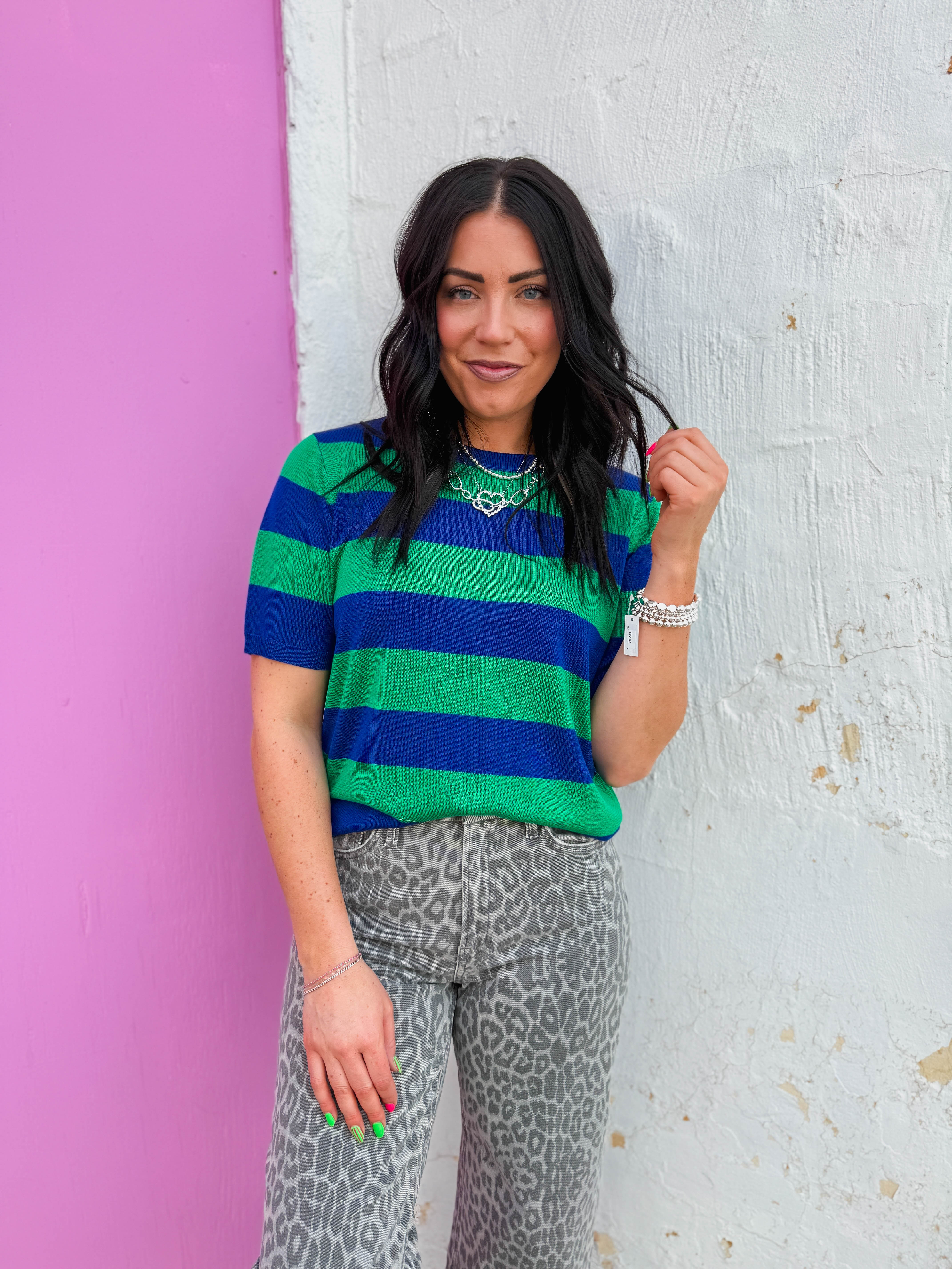 Callie Striped Knit Top-Royal/Green - Image 3
