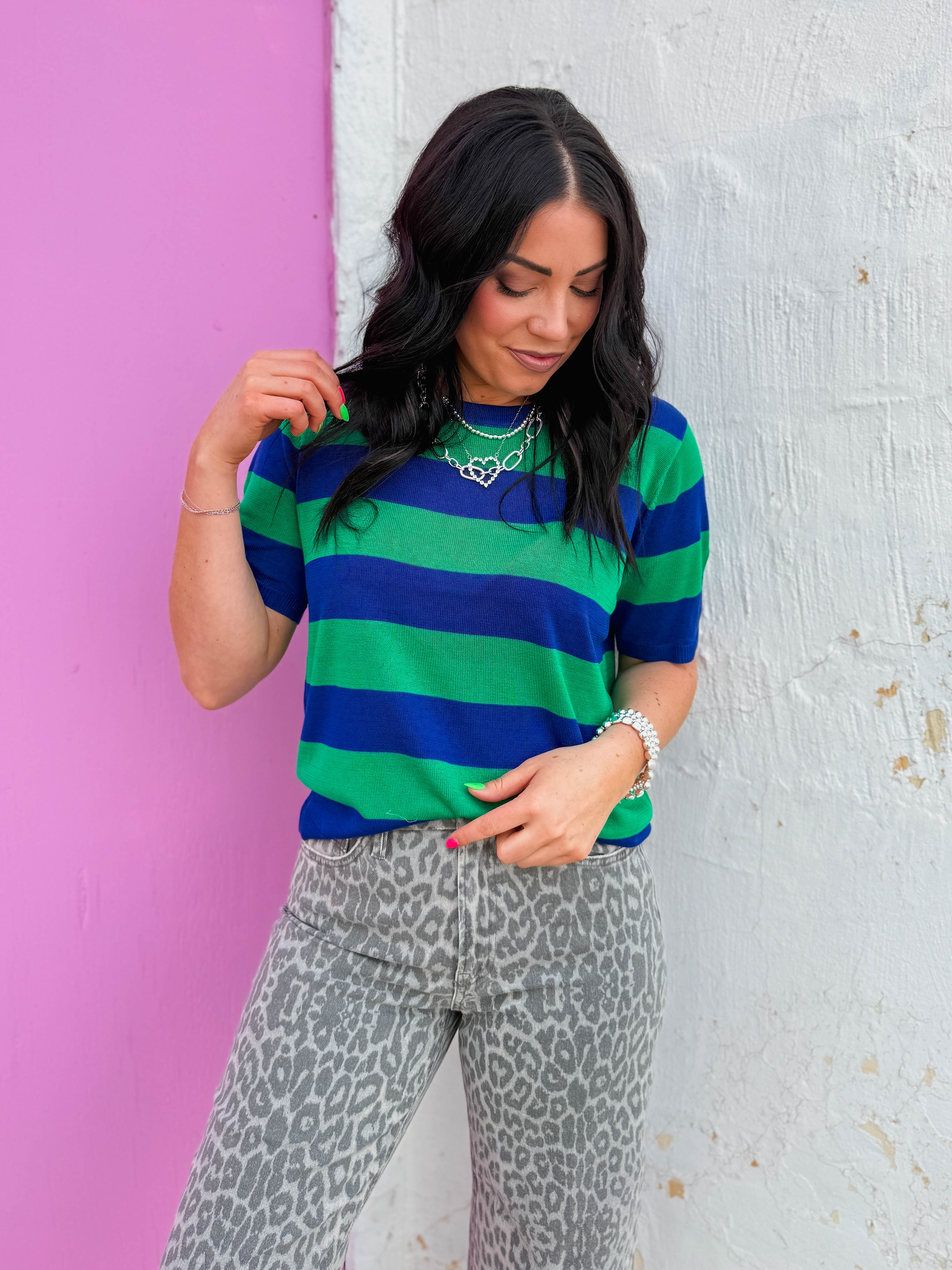 Callie Striped Knit Top-Royal/Green - Image 5