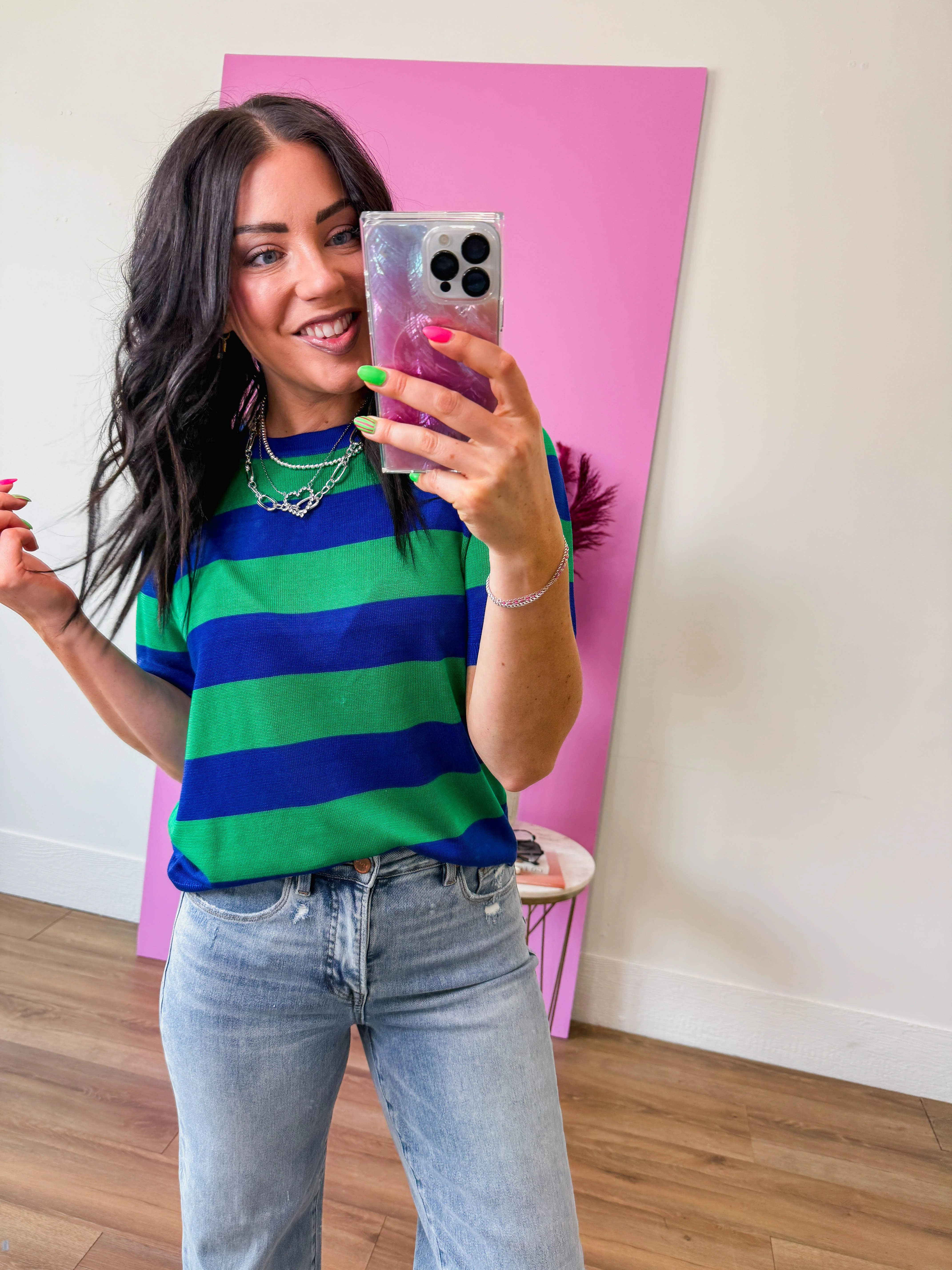 Callie Striped Knit Top-Royal/Green - Image 6
