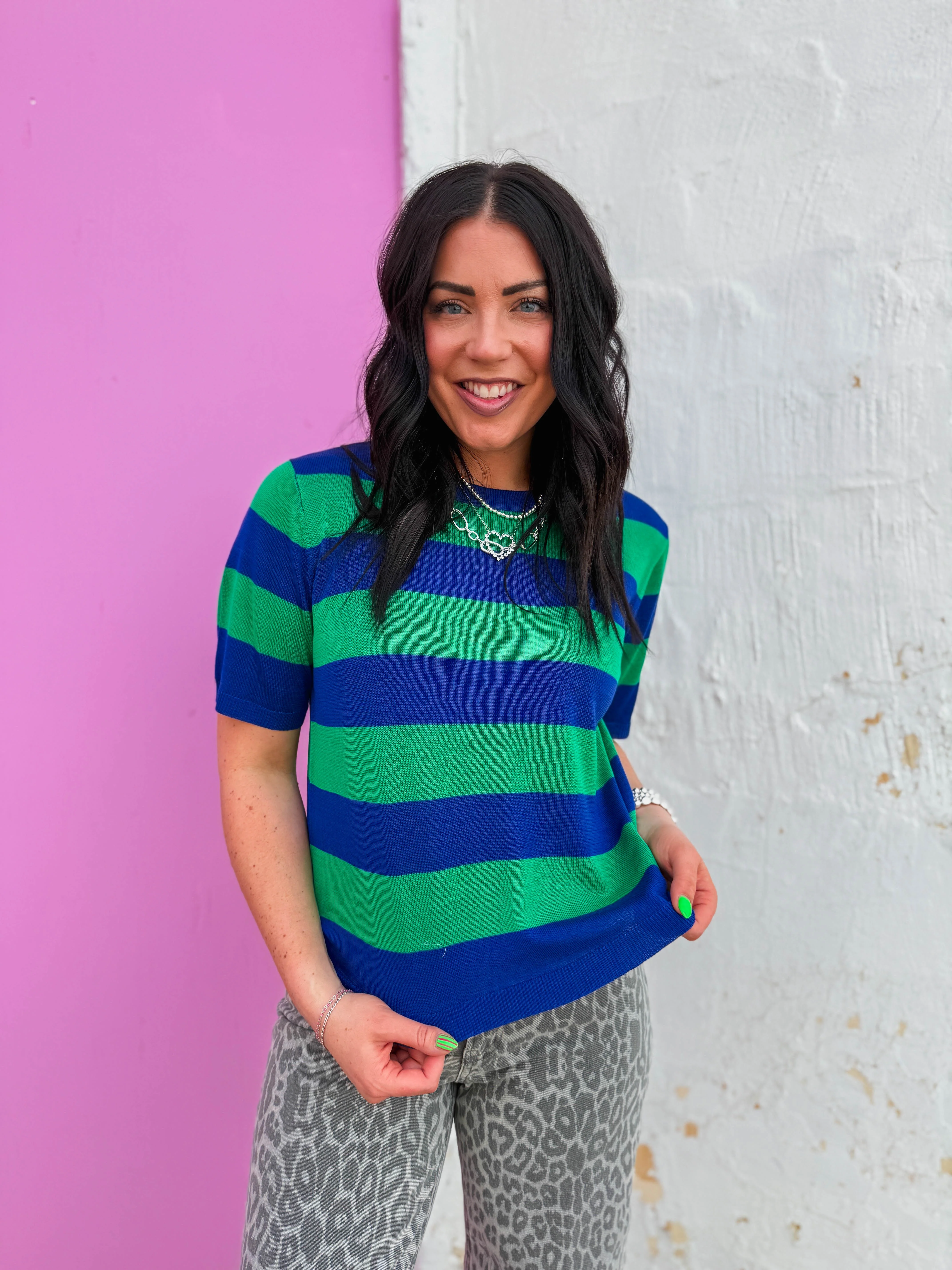 Callie Striped Knit Top-Royal/Green - Image 8