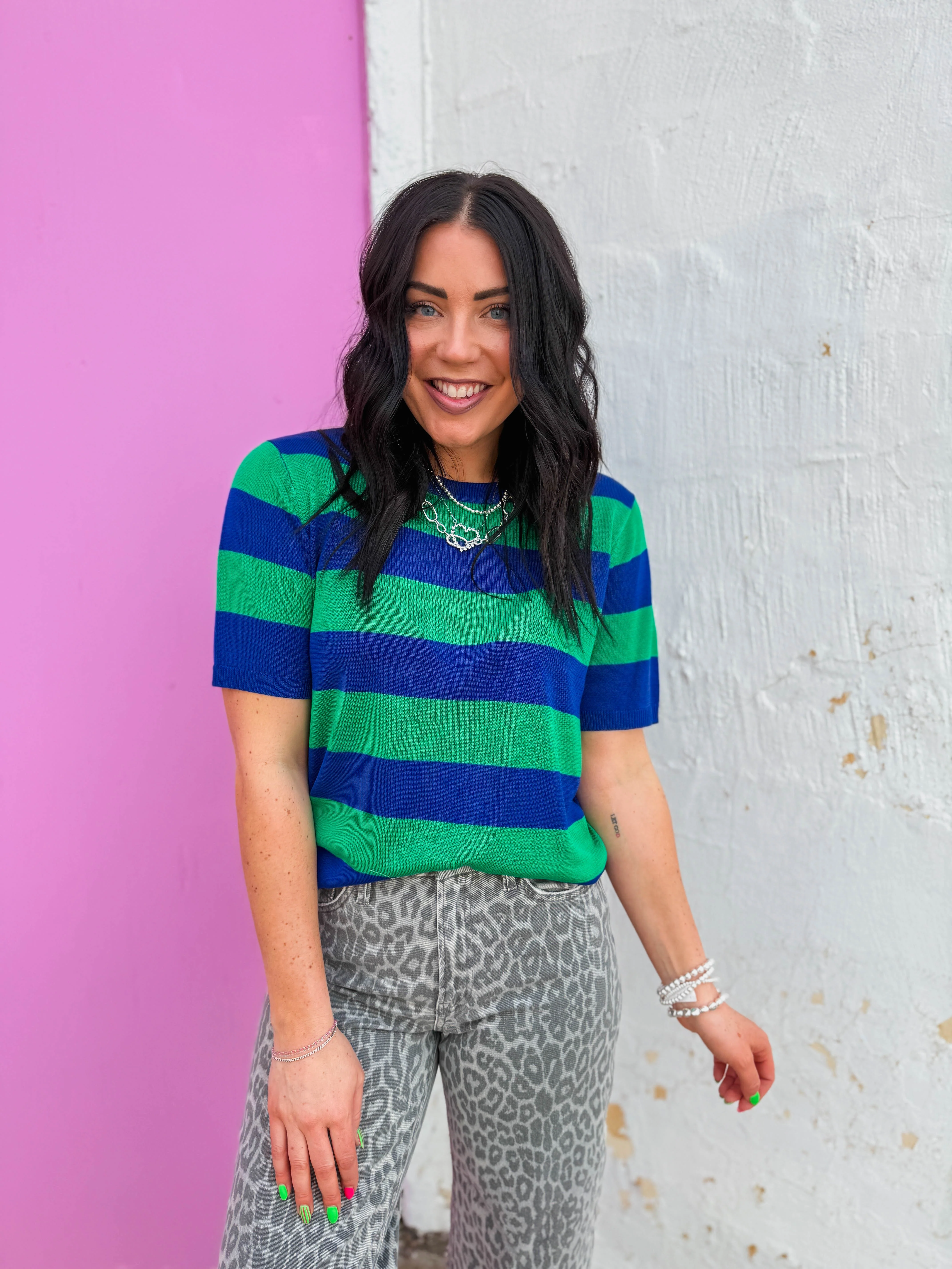 Callie Striped Knit Top-Royal/Green - Image 9