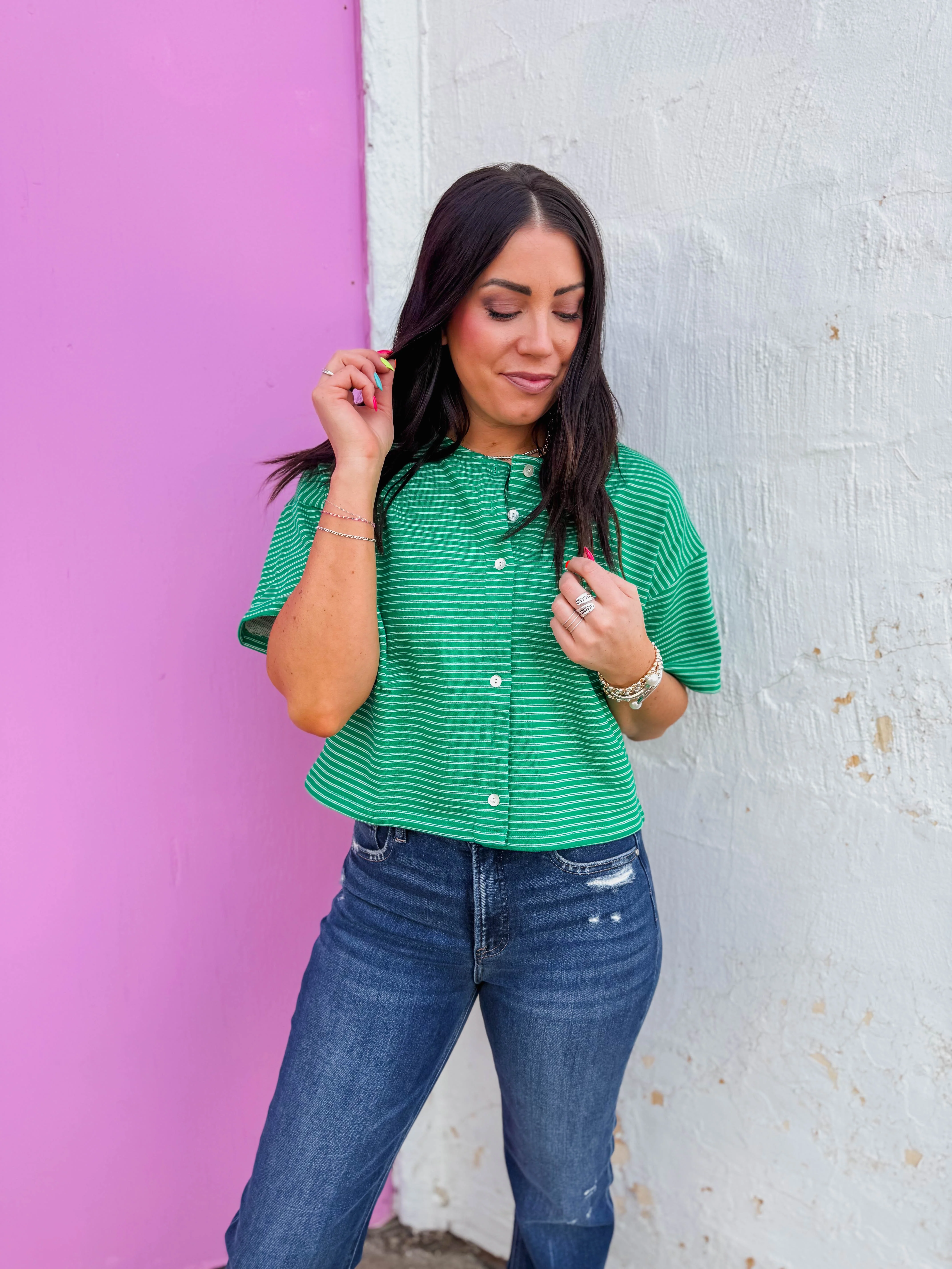 Camden Striped Button Down Tee-Green/White - Image 11