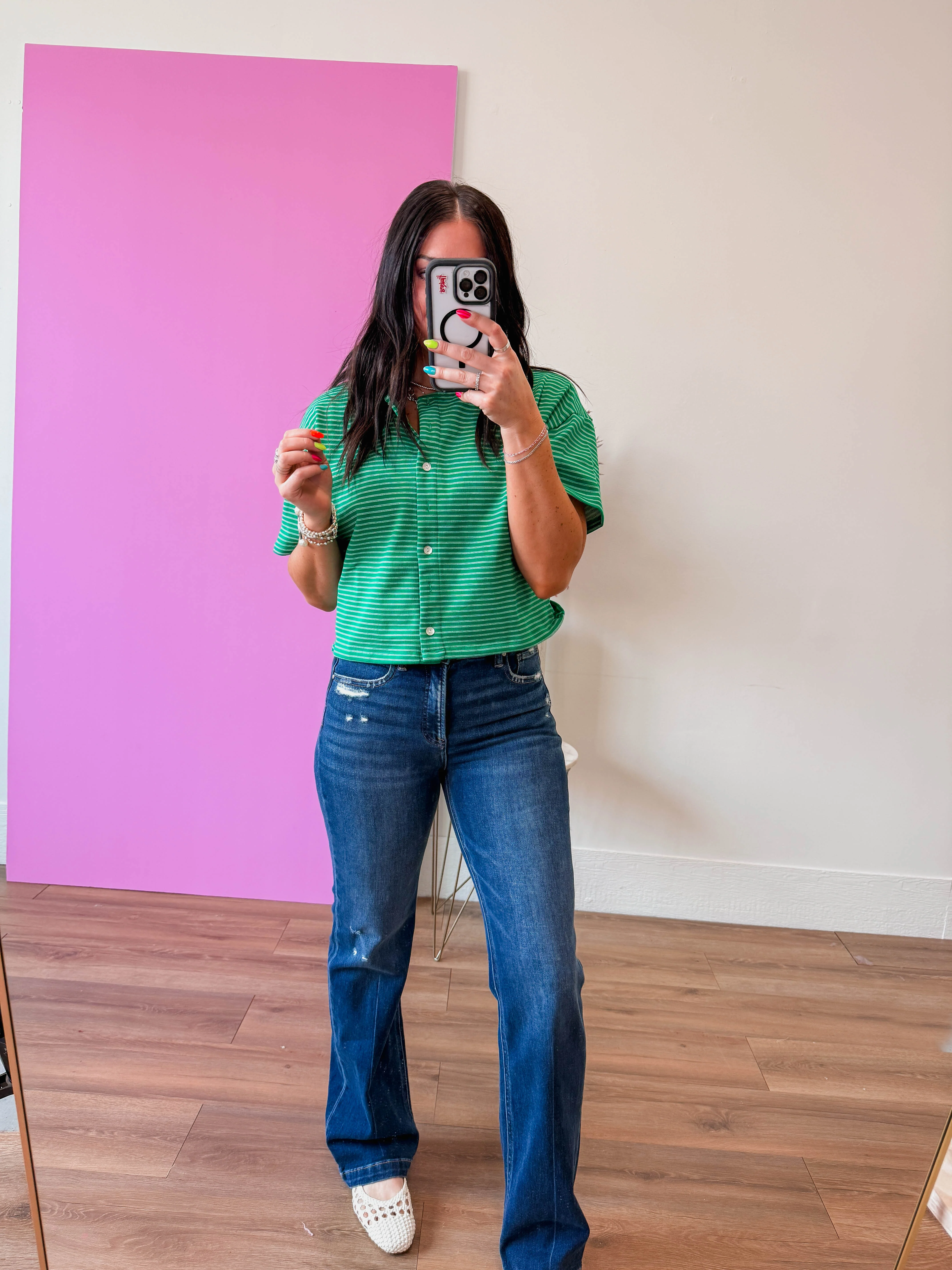 Camden Striped Button Down Tee-Green/White - Image 16