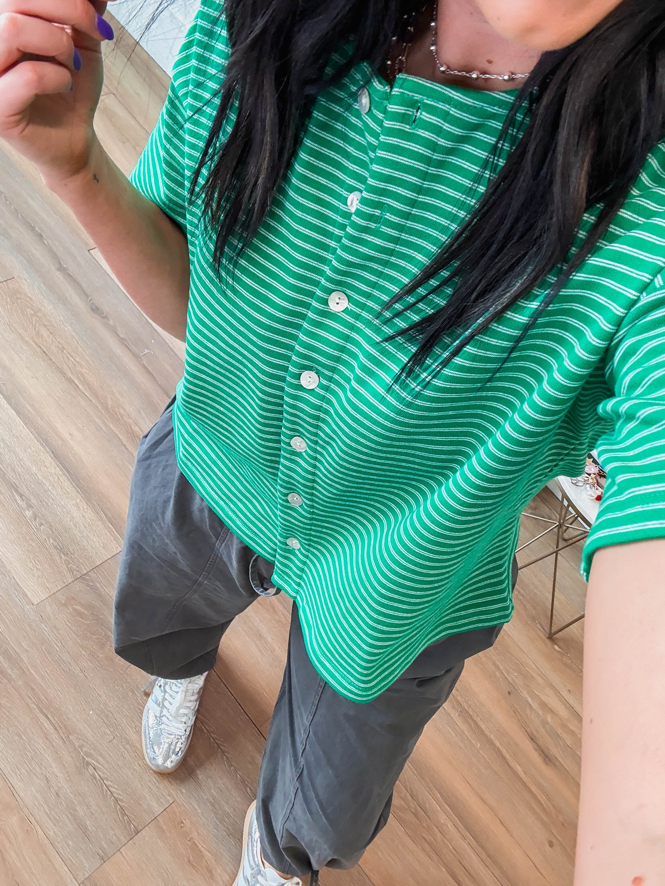 Camden Striped Button Down Tee-Green/White - Image 3