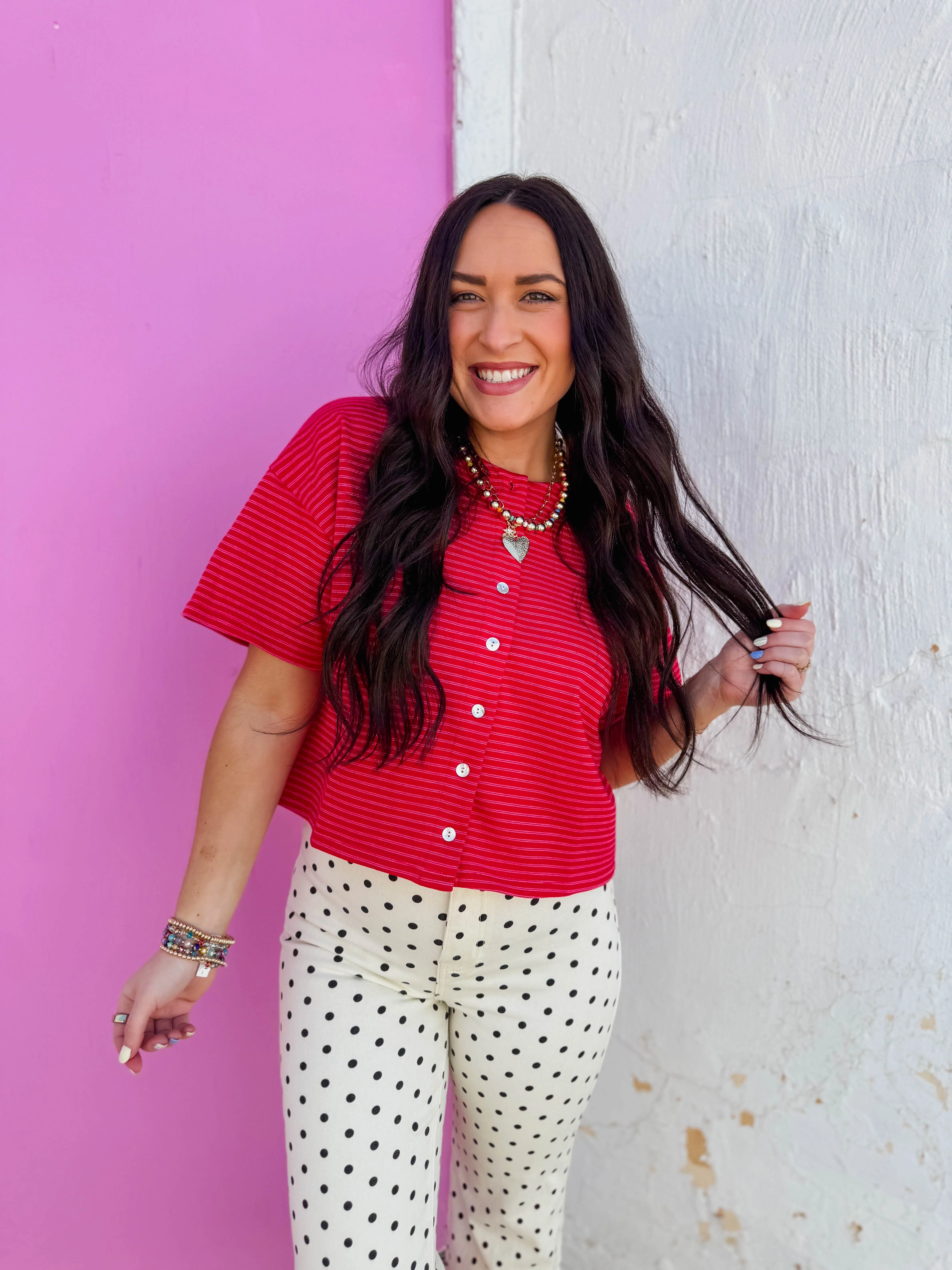 Camden Striped Button Down Tee-Cherry/Pink