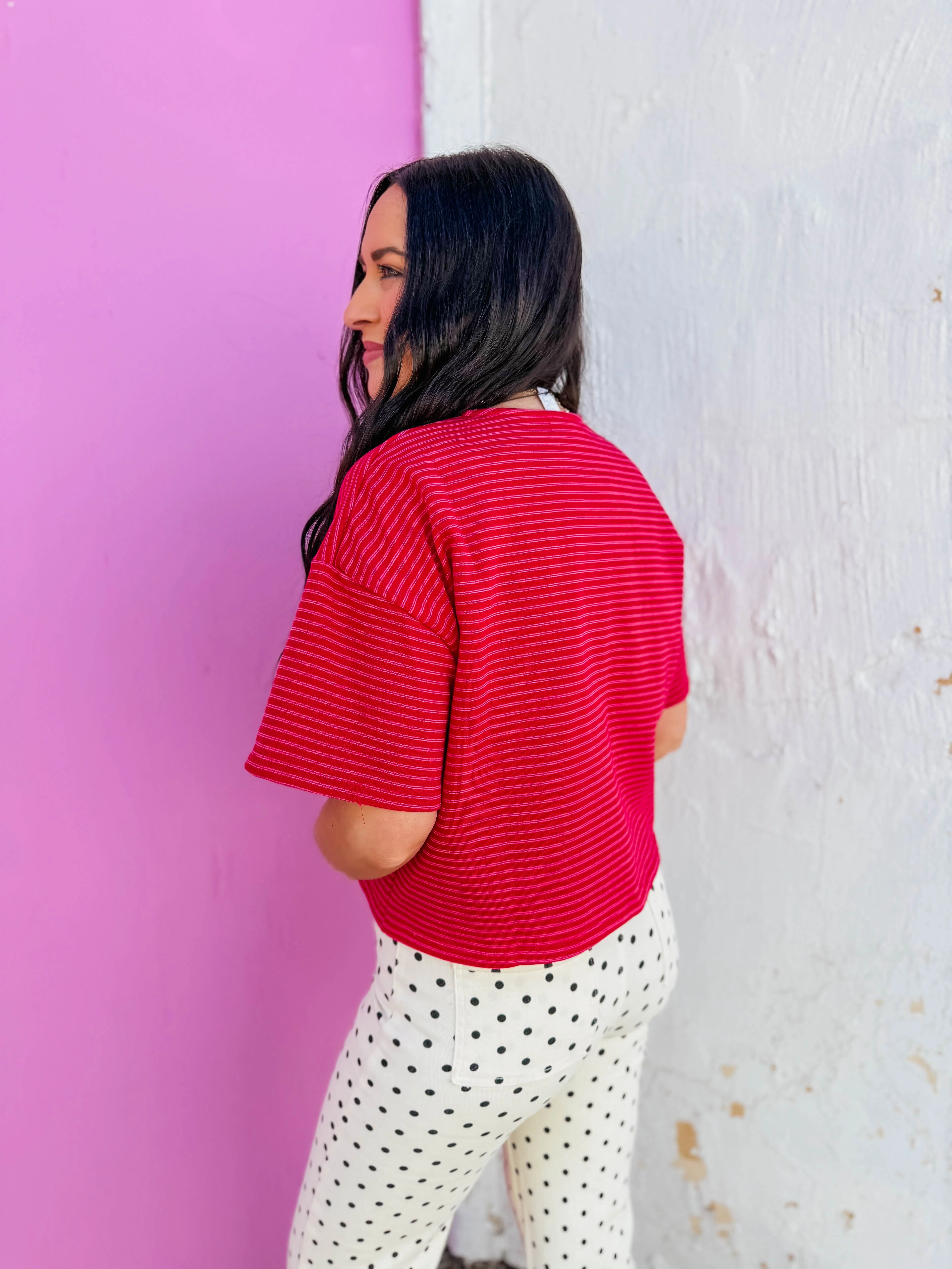 Camden Striped Button Down Tee-Cherry/Pink - Image 4