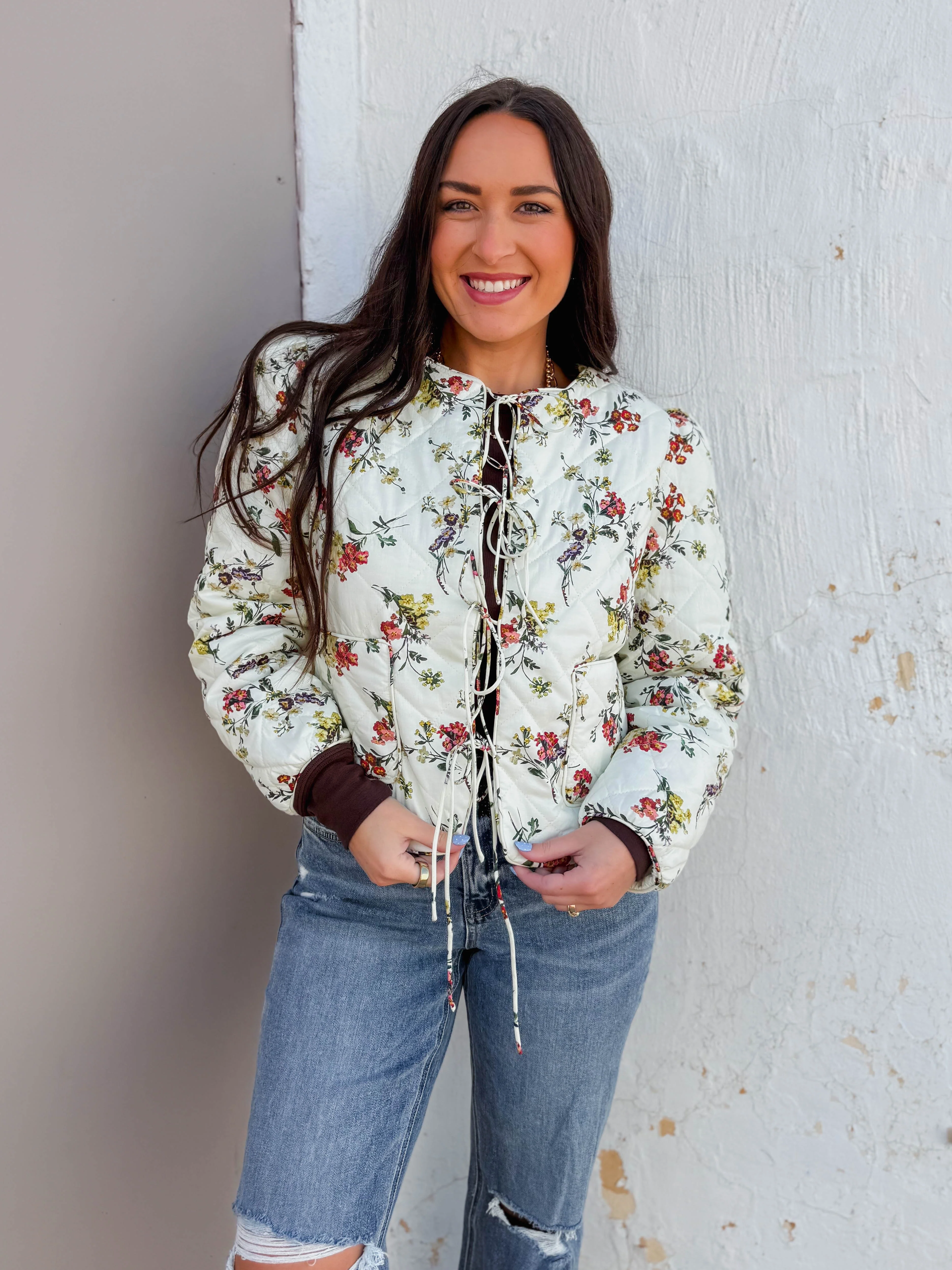 Chelsy Floral Quilted Jacket-Ecru
