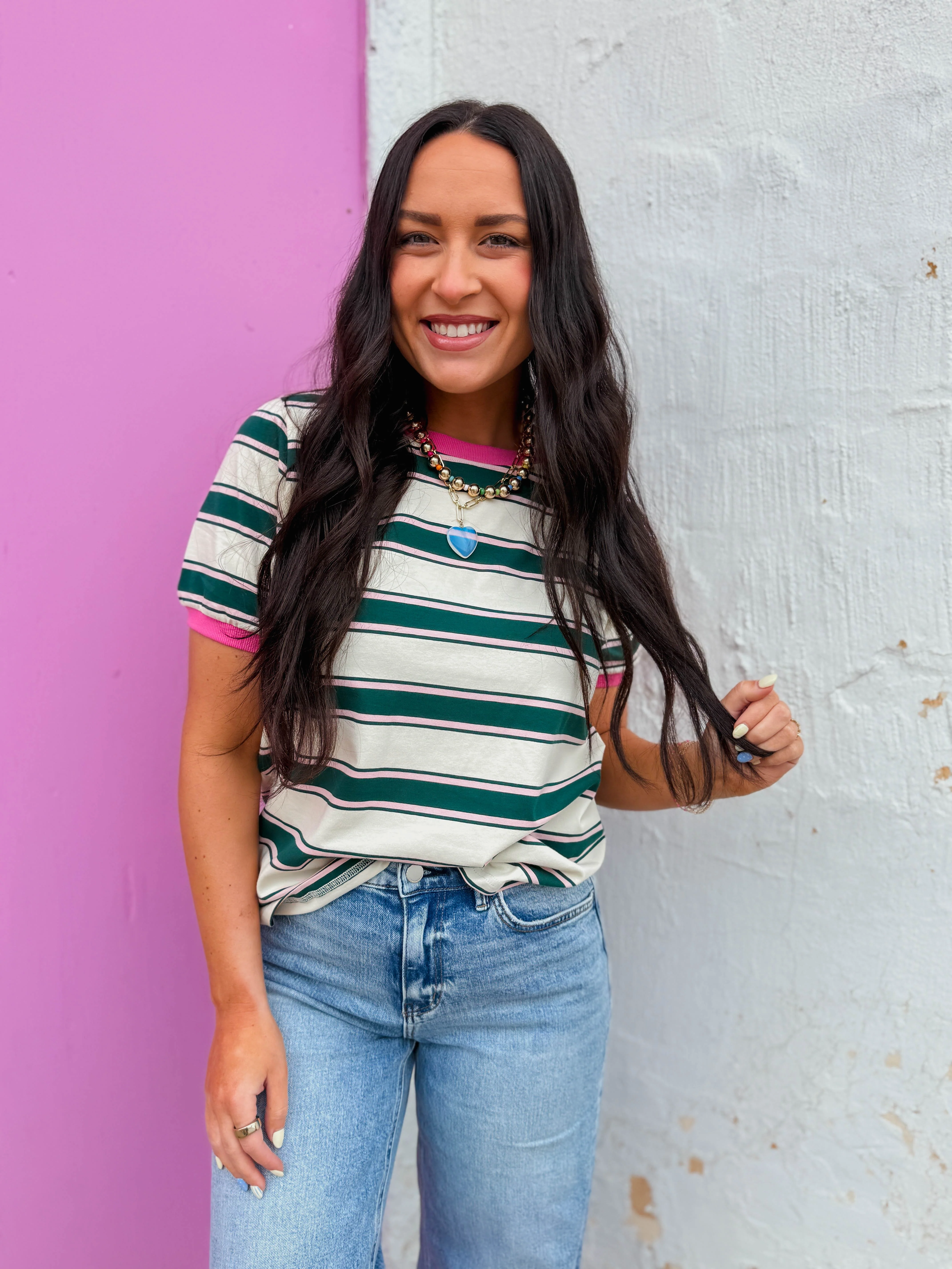 Emma Striped Tee-Green/Pink