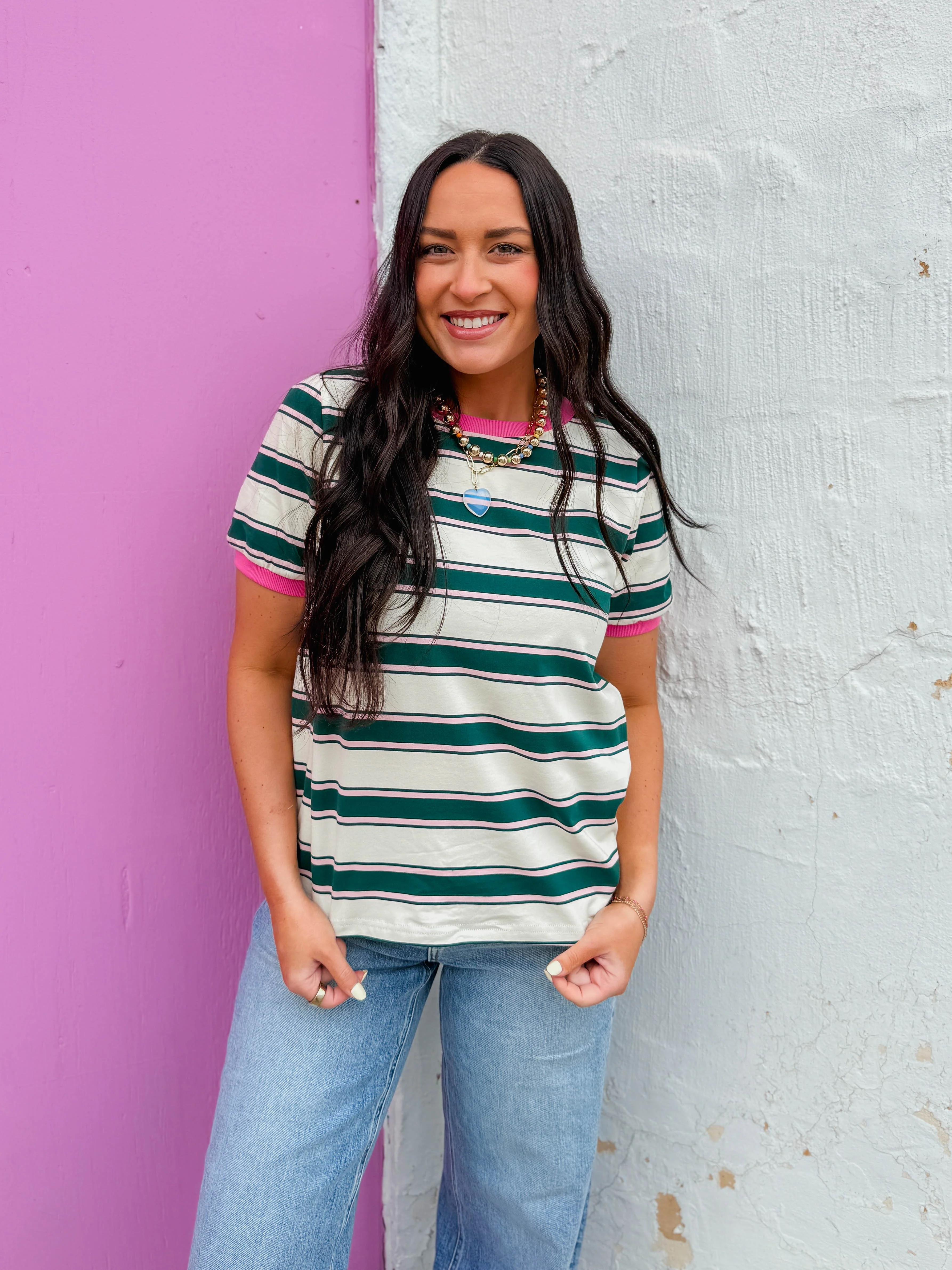 Emma Striped Tee-Green/Pink - Image 5