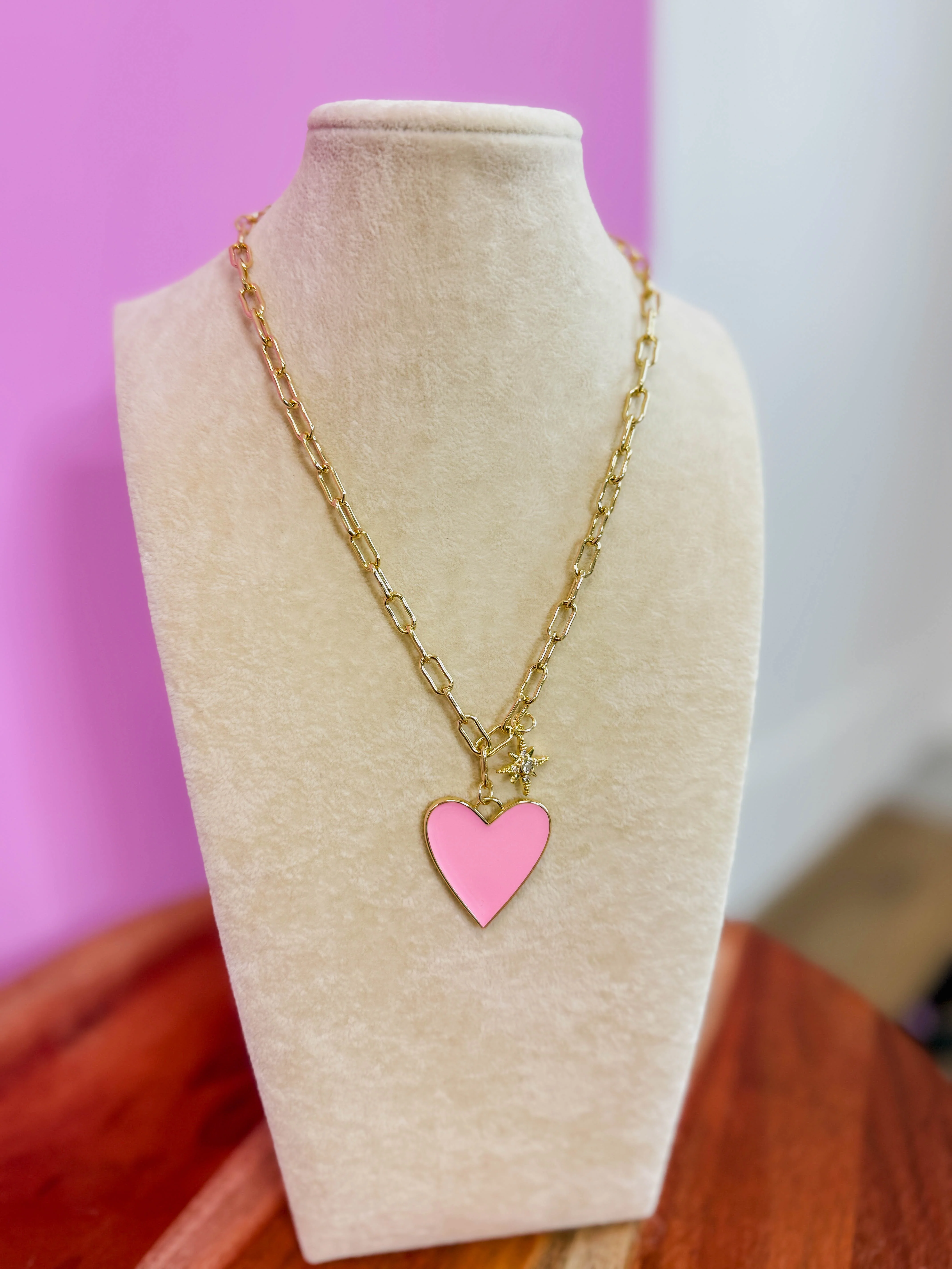 Enamel Heart/Star Necklace Light Pink - Image 4