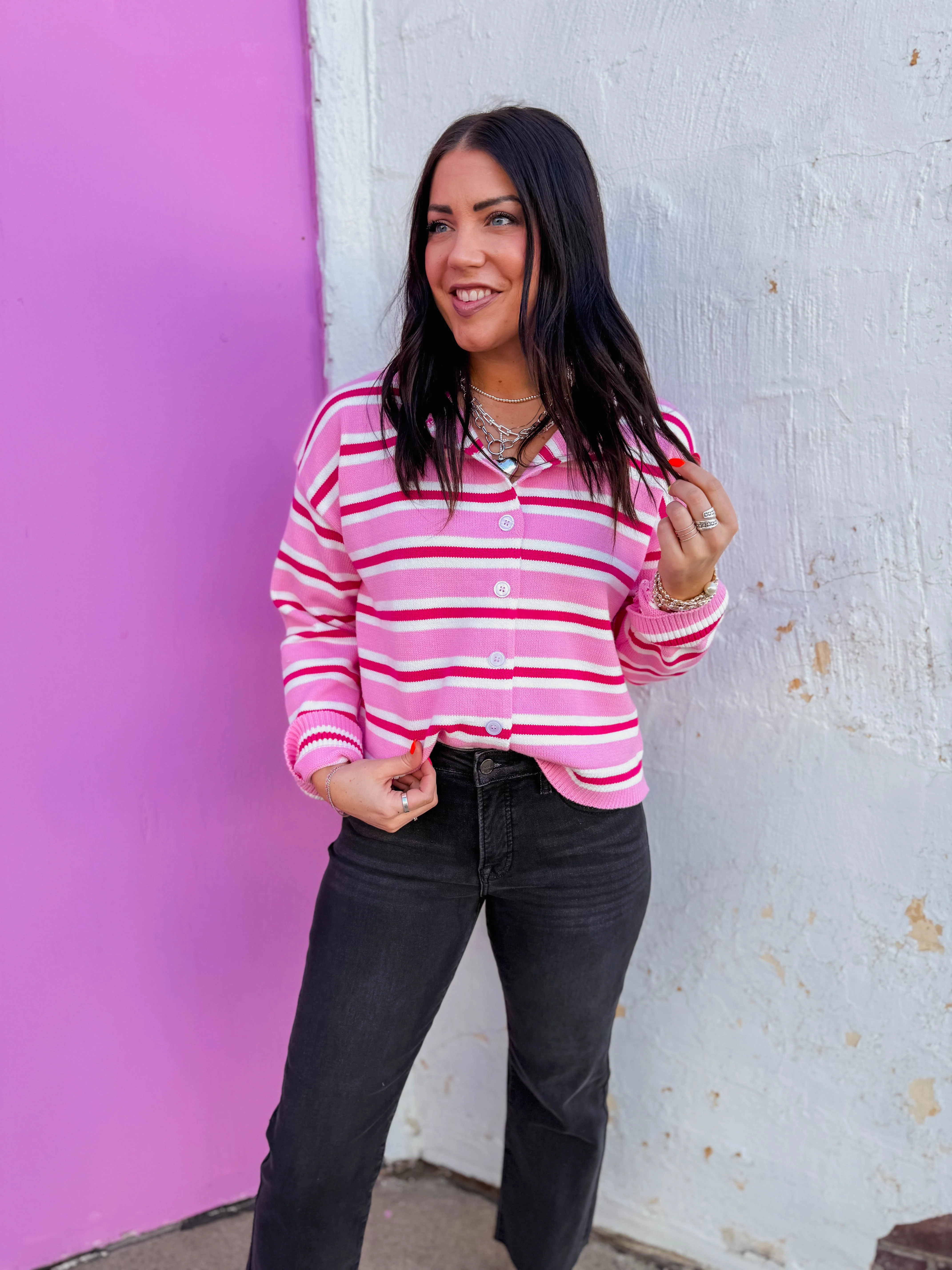 Everyday Edge Striped Cardigan-Pink Mix - Image 4