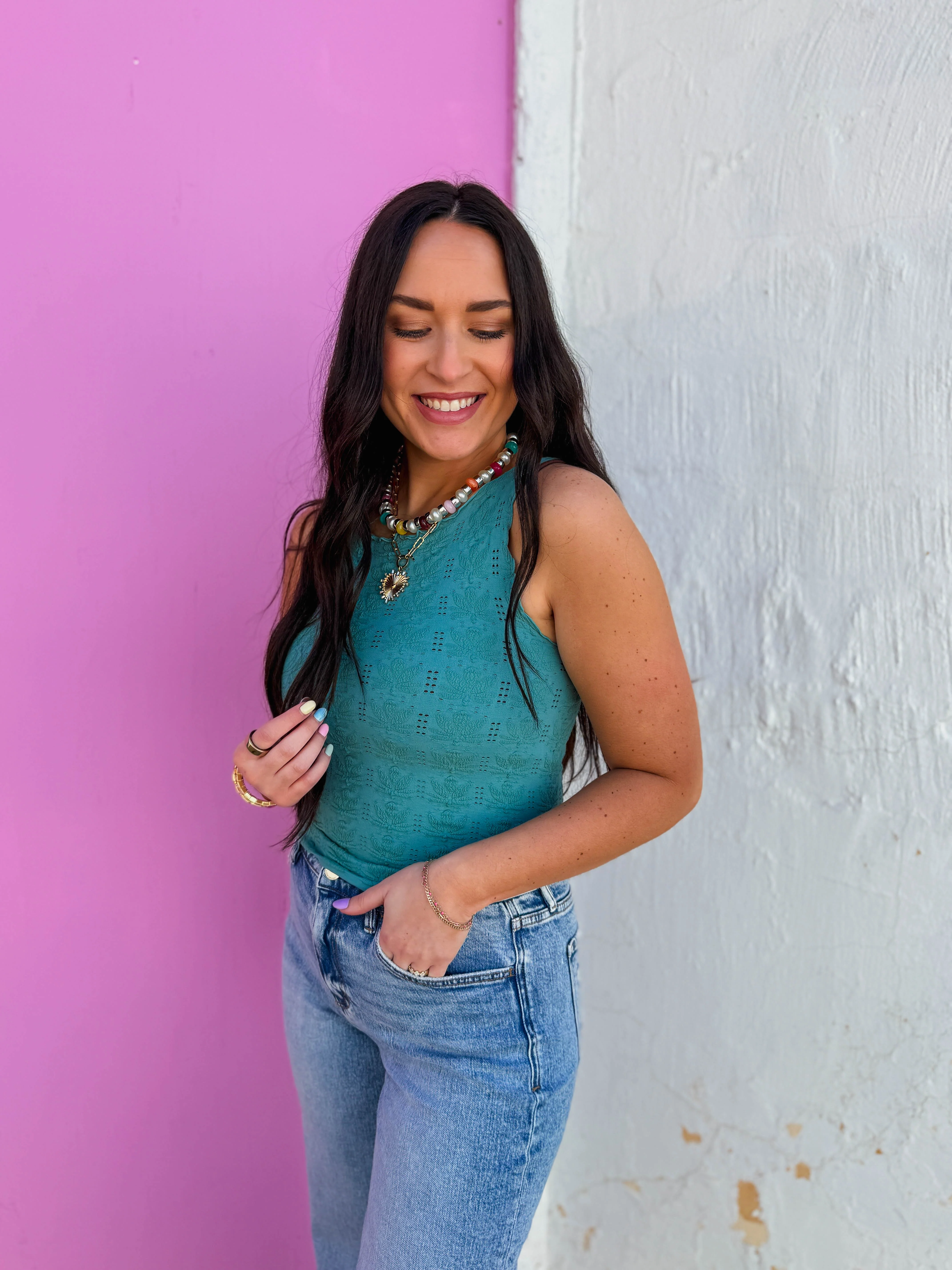 Floral Textured Tank-Dusty Teal - Image 3