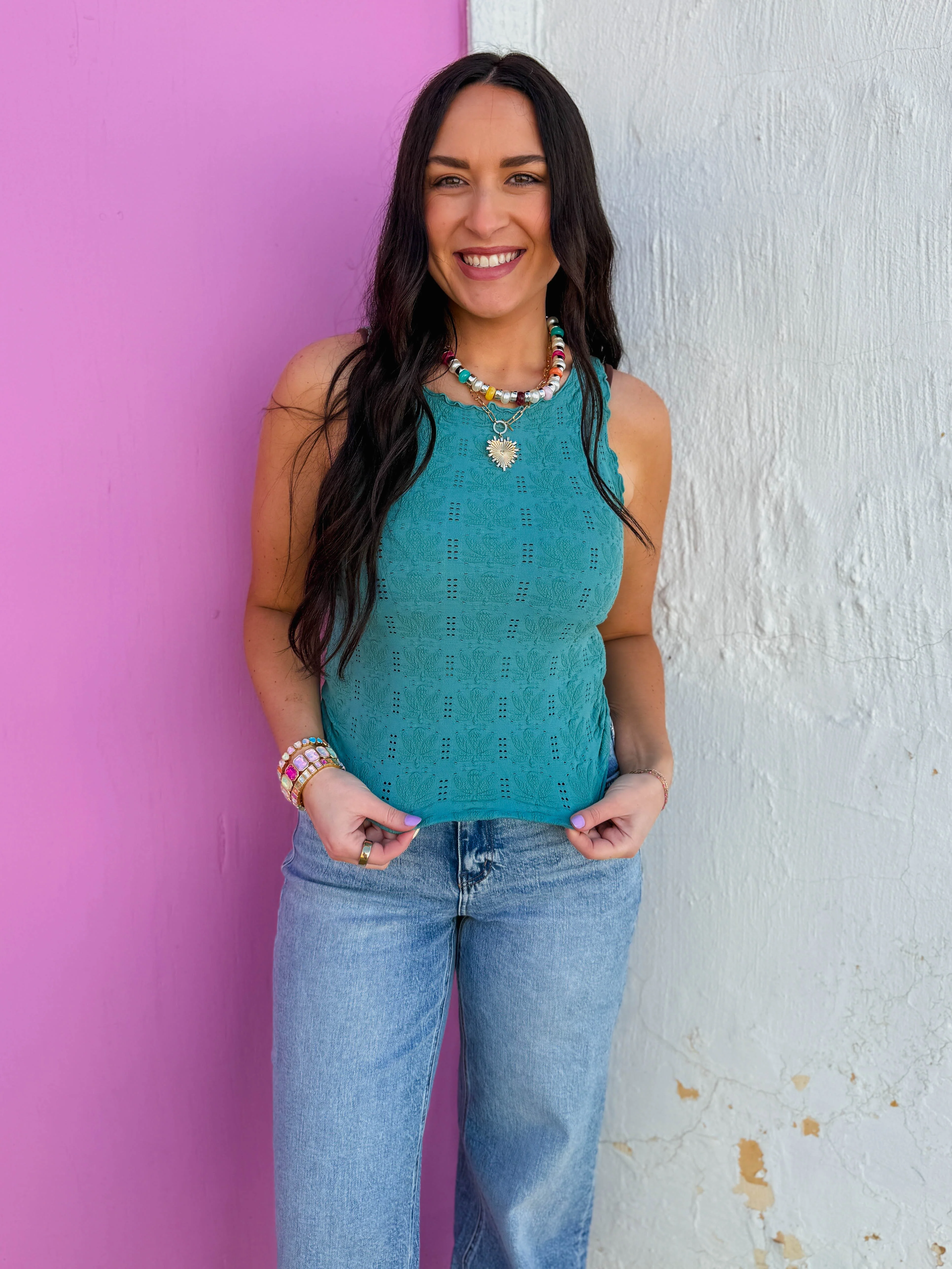 Floral Textured Tank-Dusty Teal - Image 4