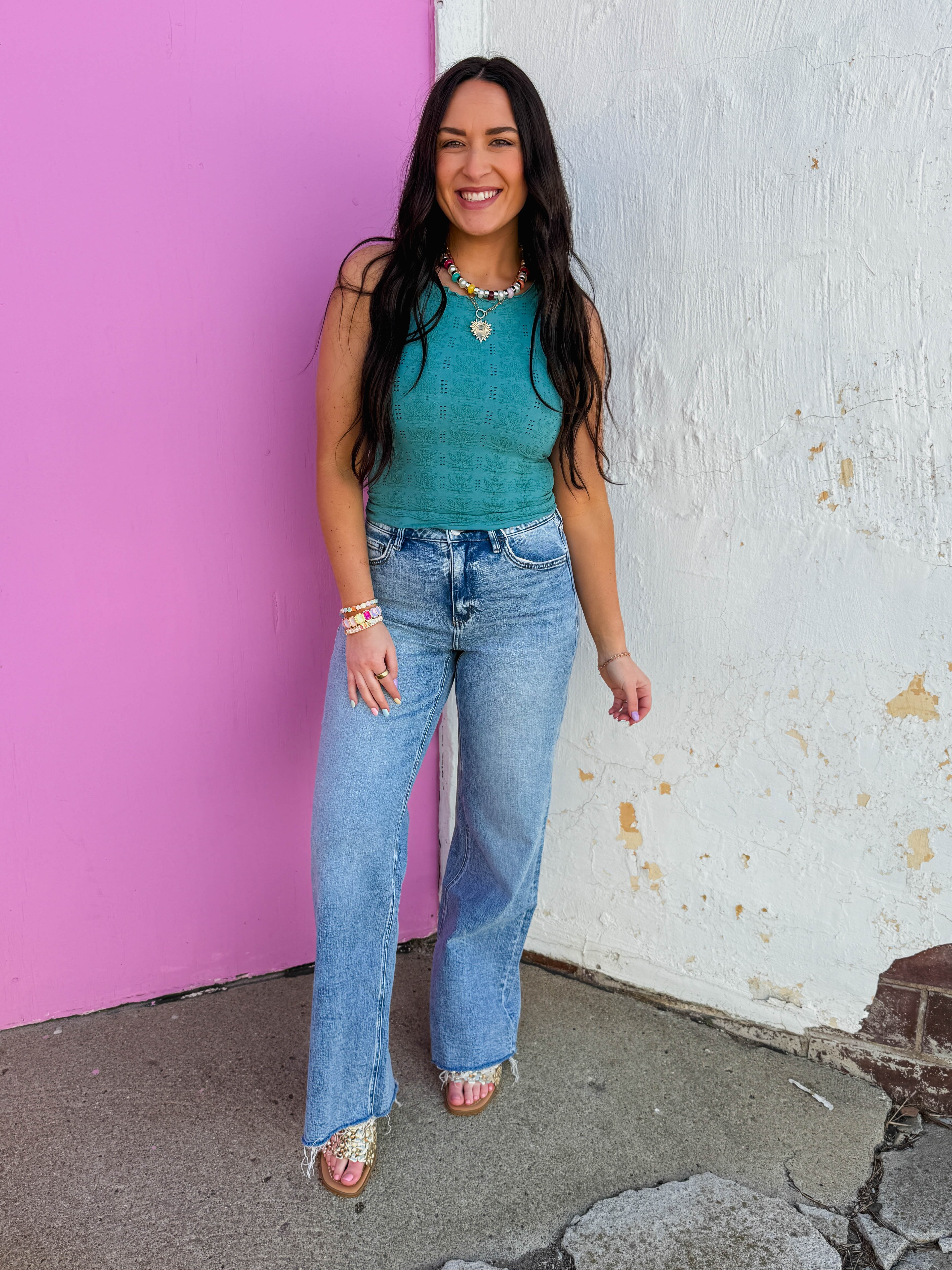 Floral Textured Tank-Dusty Teal - Image 6
