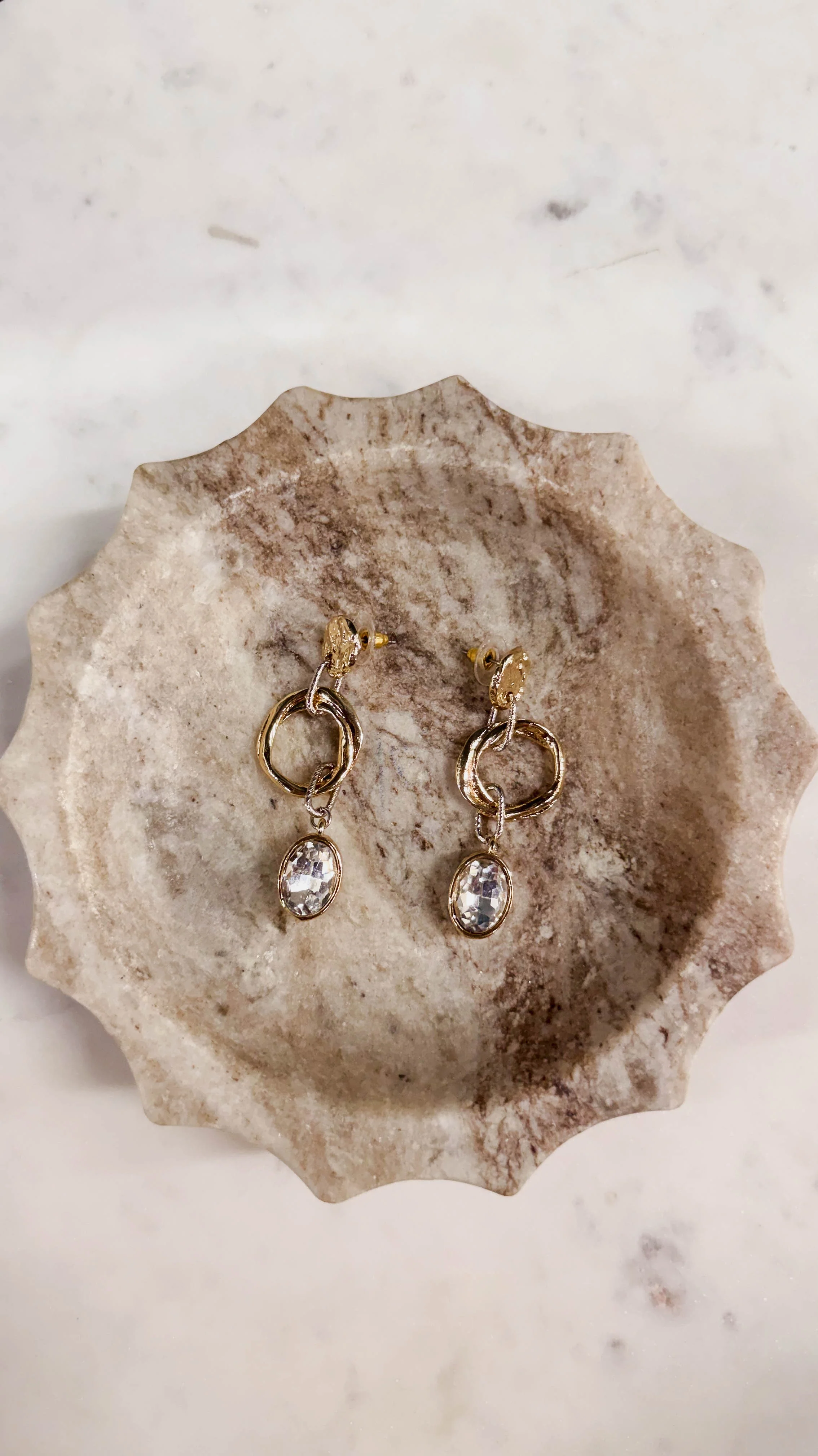 Gold Hammered Coin & Open Silver Circle & Clear Rhinestone Earring - Image 2