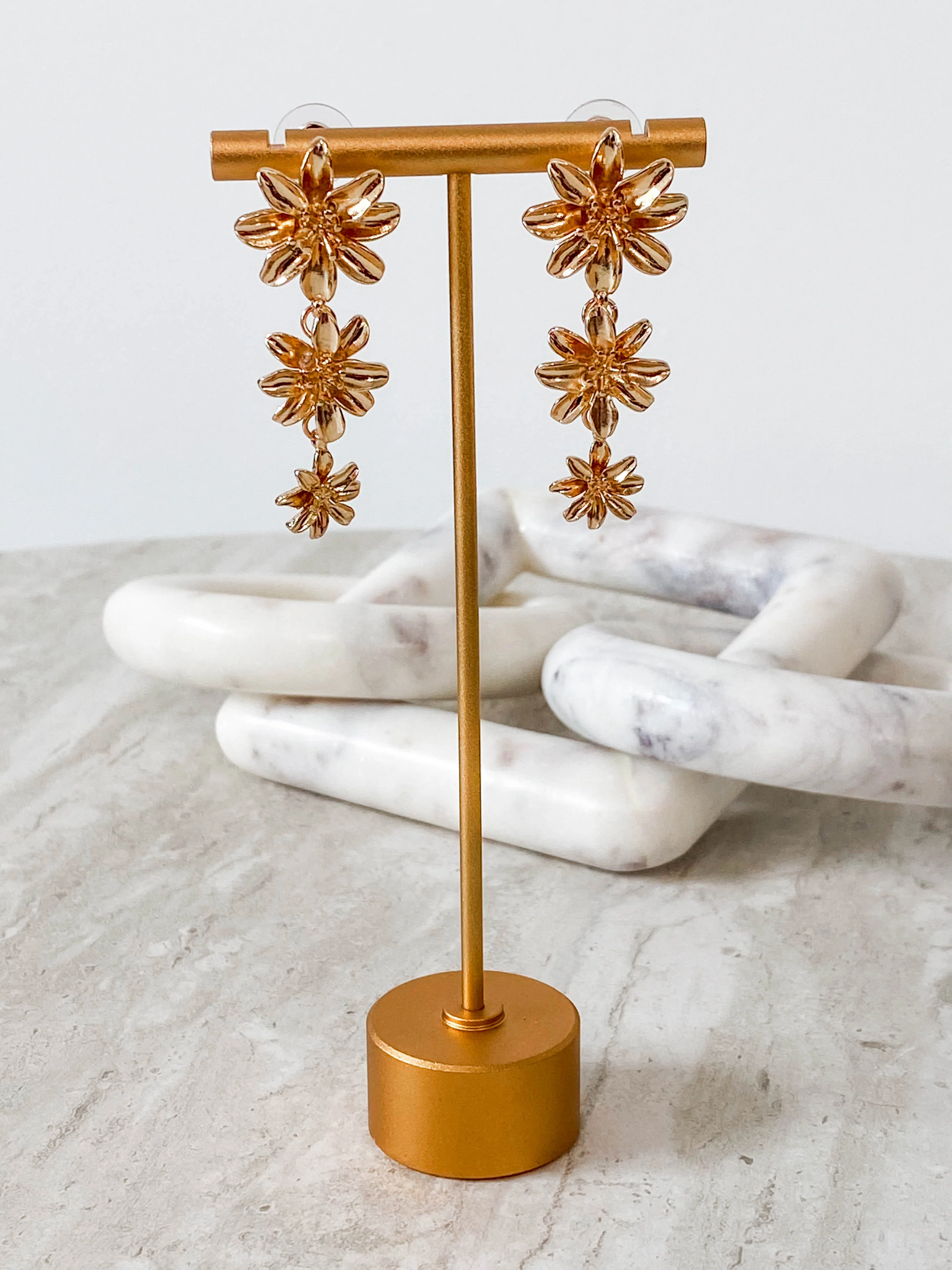 Gold Metal 3 Flower Drop Earring