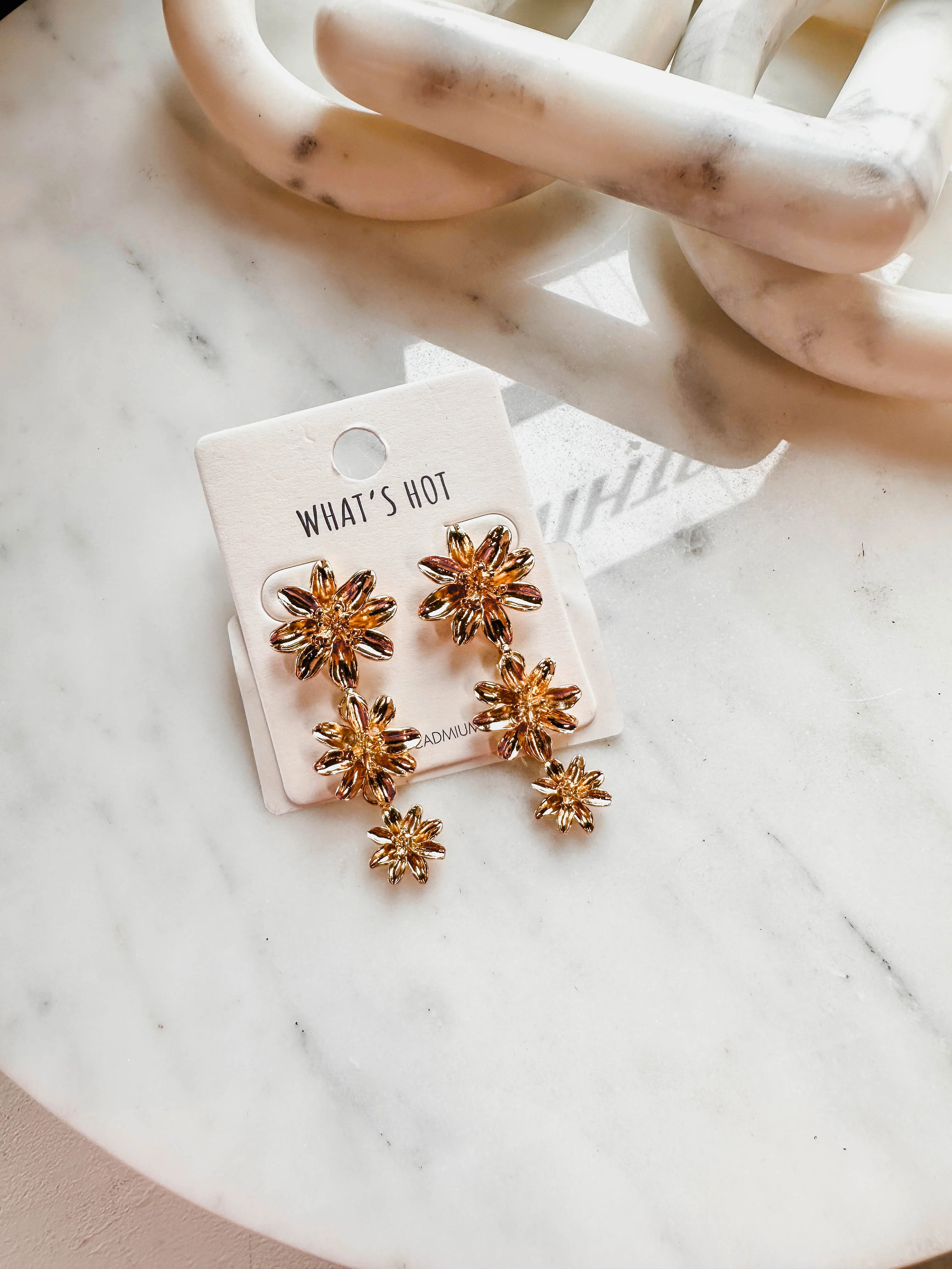 Gold Metal 3 Flower Drop Earring - Image 2