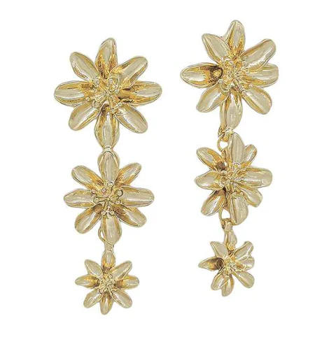 Gold Metal 3 Flower Drop Earring - Image 3