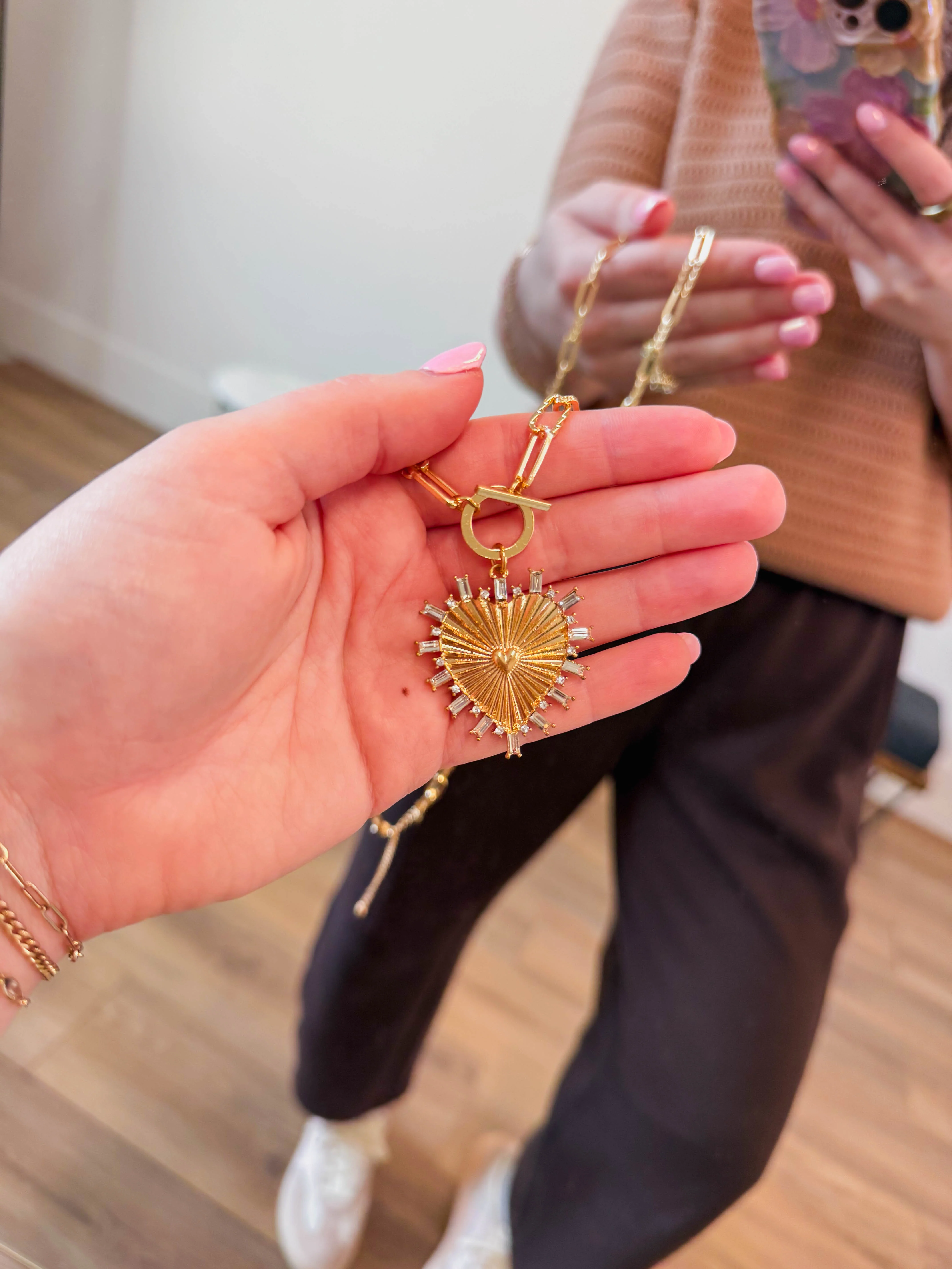 Gold Rhinestone Studded Heart Charm Necklace - Image 3