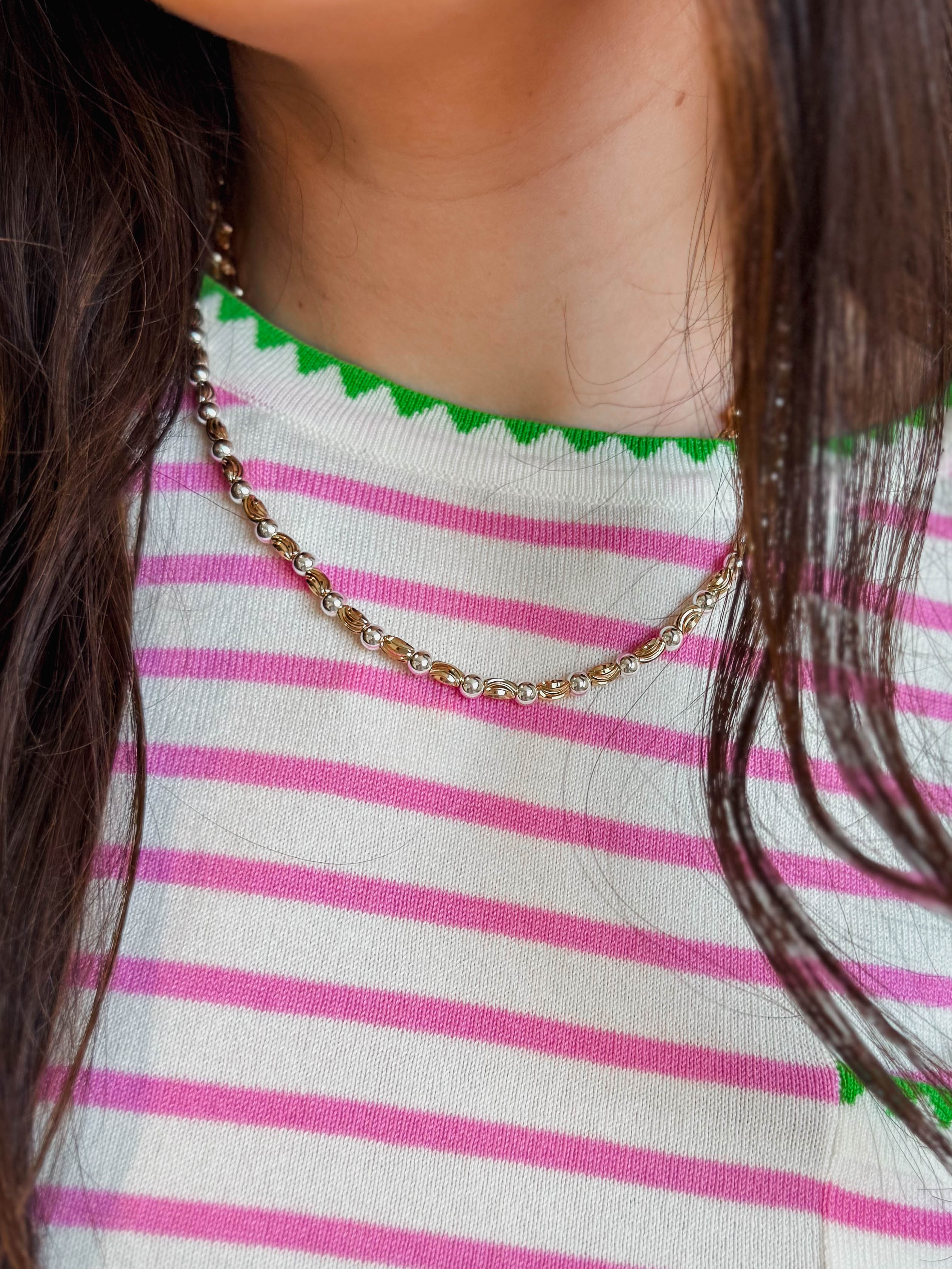 Gold & Silver Textured Oval Beaded Necklace