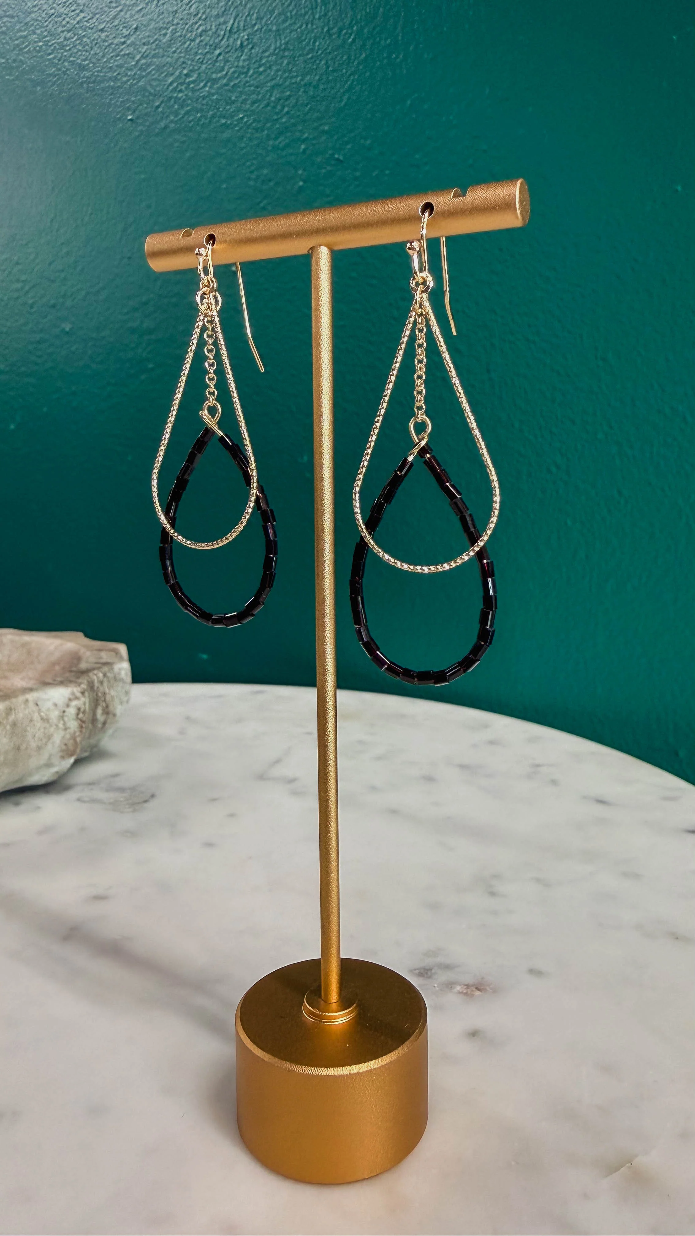 Gold Textured & Black Beaded Earrings - Image 3