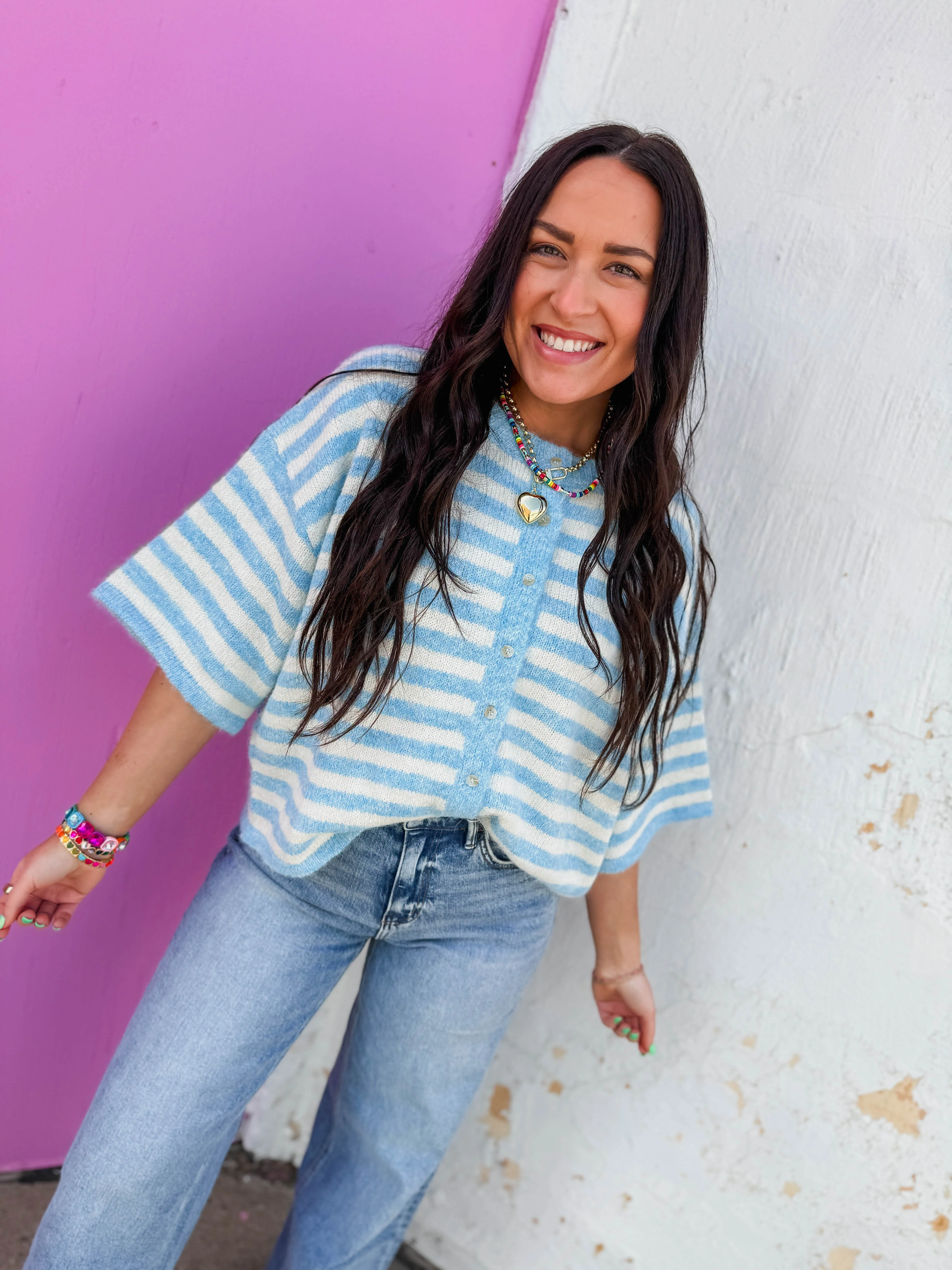 Gwen Striped Knit Top-Light Blue