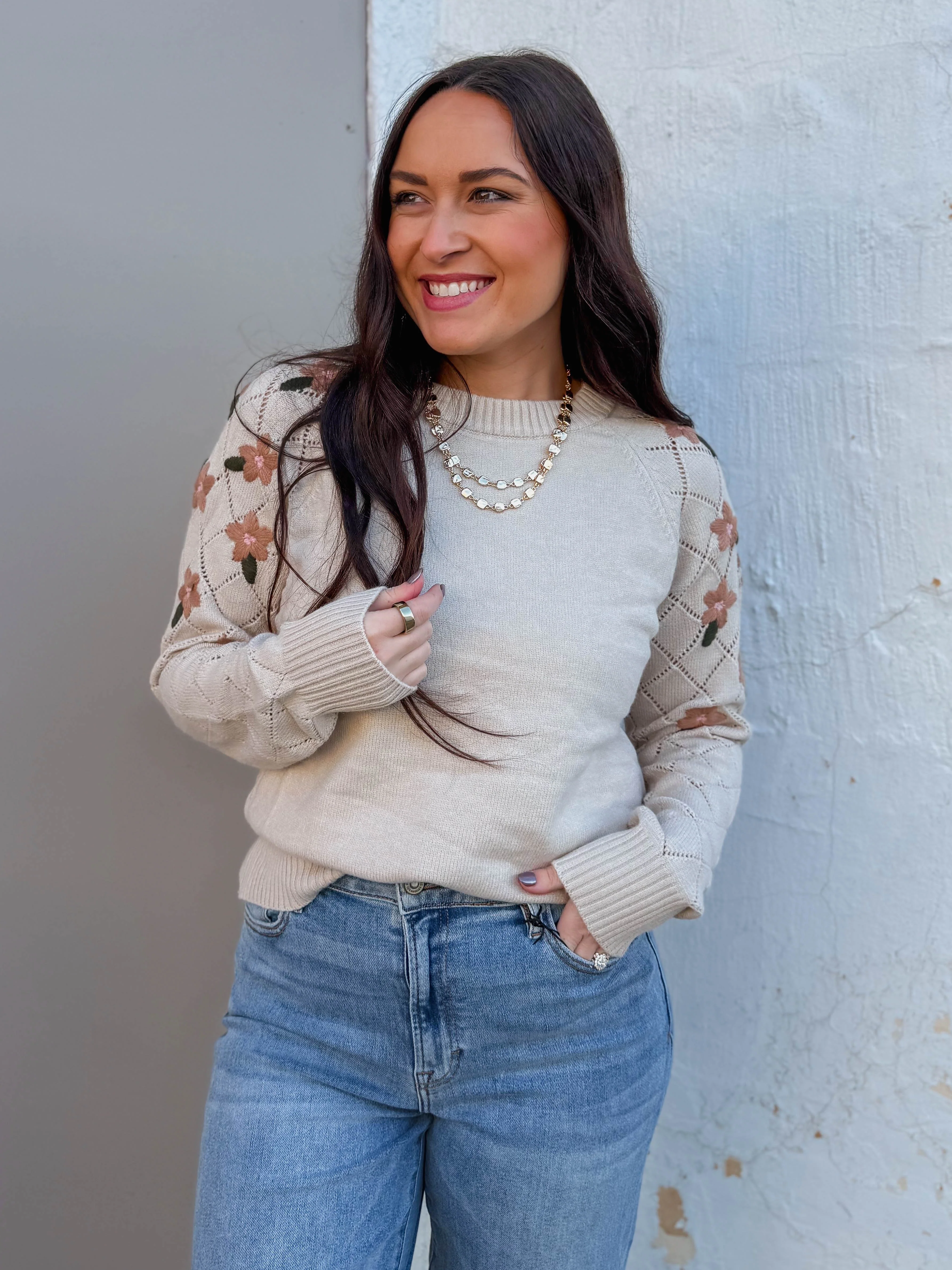 Hazel Floral Embroidered Sweater-Taupe - Image 3