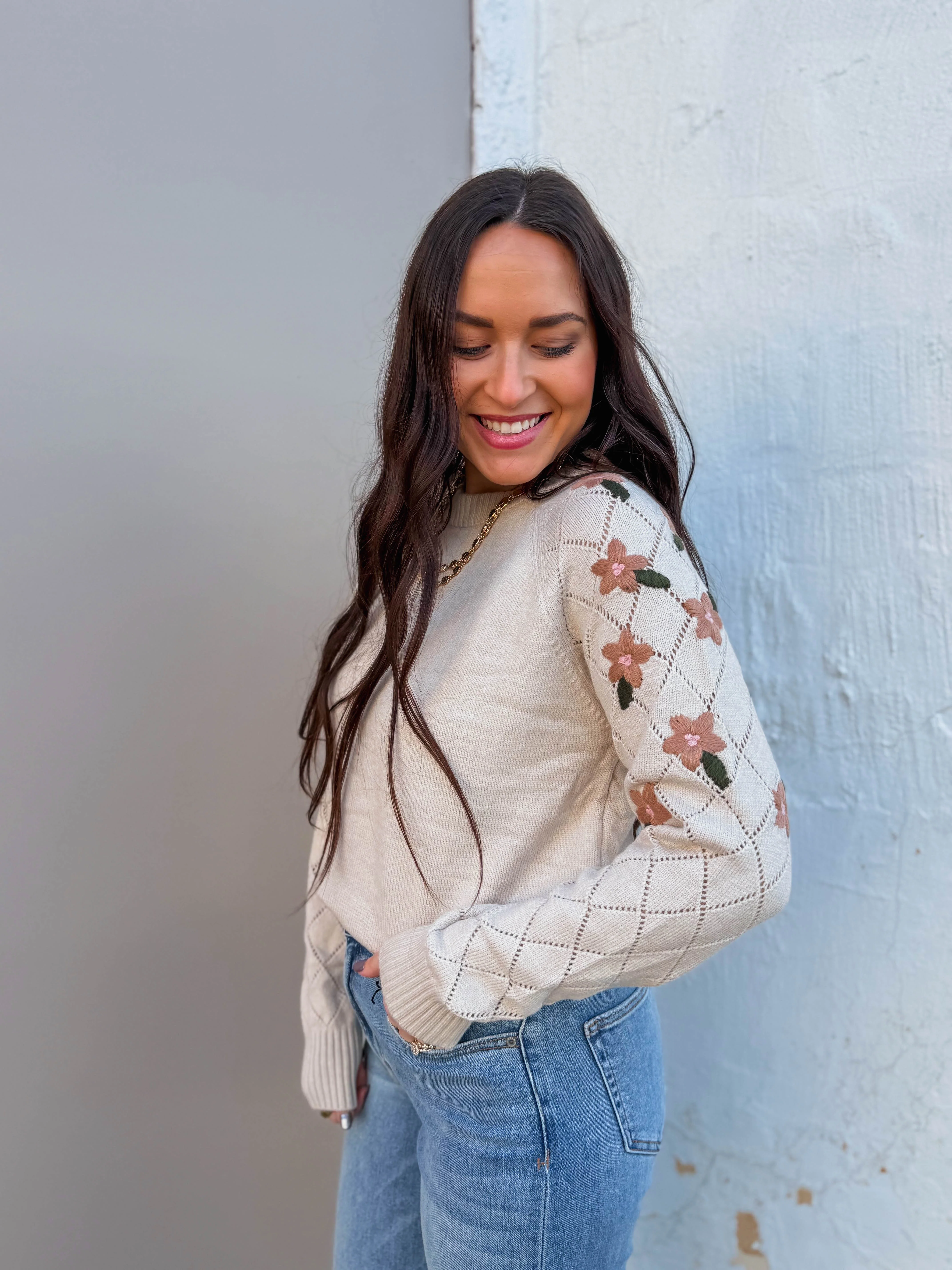 Hazel Floral Embroidered Sweater-Taupe - Image 4