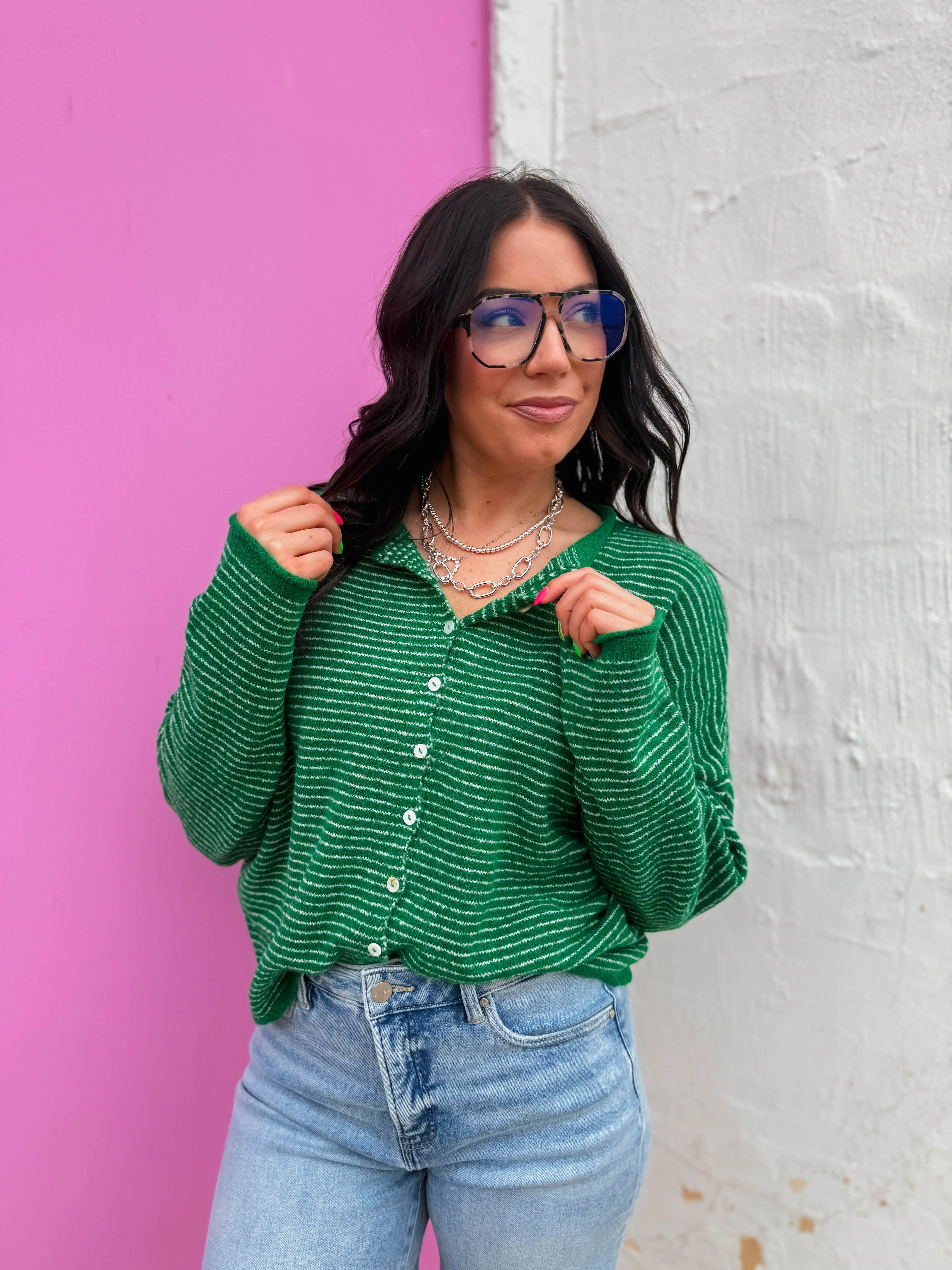 Just Right Striped Cardigan-Kelly Green